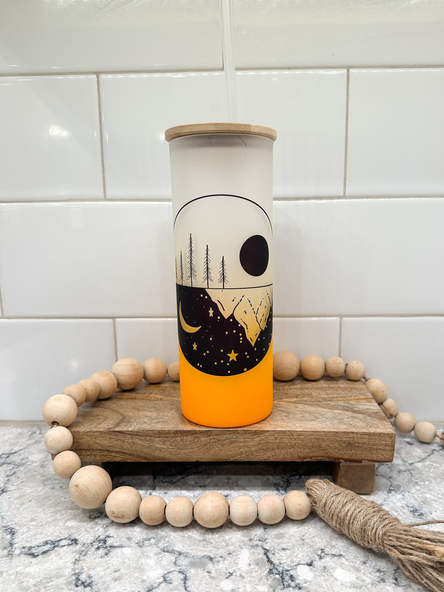 Moon Phases | Mountain | 25 oz Glass Tumbler with Bamboo Lid | Frosted Orange Glass | Iced Coffee Lover