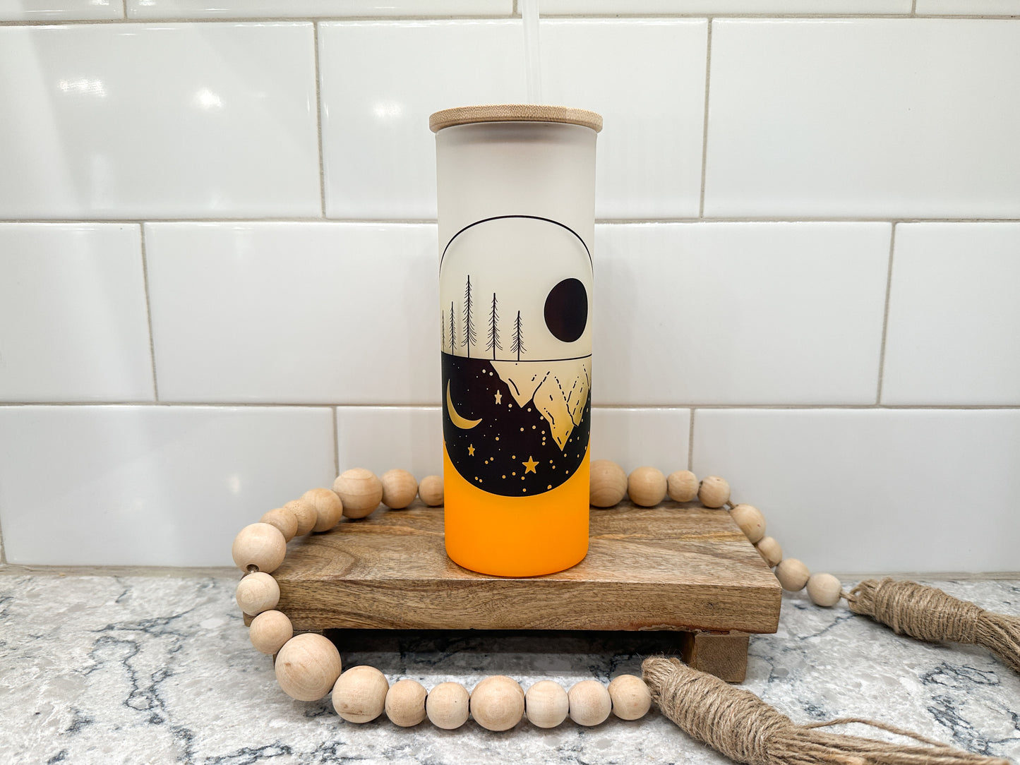 Moon Phases | Mountain | 25 oz Glass Tumbler with Bamboo Lid | Frosted Orange Glass | Iced Coffee Lover