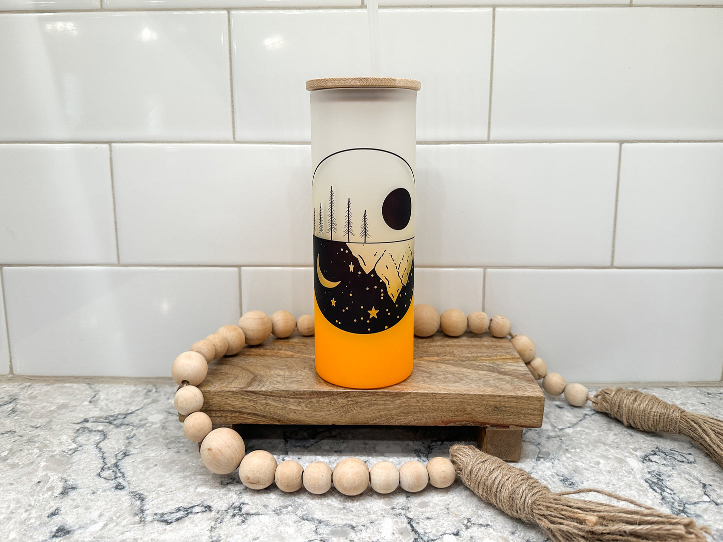 Moon Phases | Mountain | 25 oz Glass Tumbler with Bamboo Lid | Frosted Orange Glass | Iced Coffee Lover