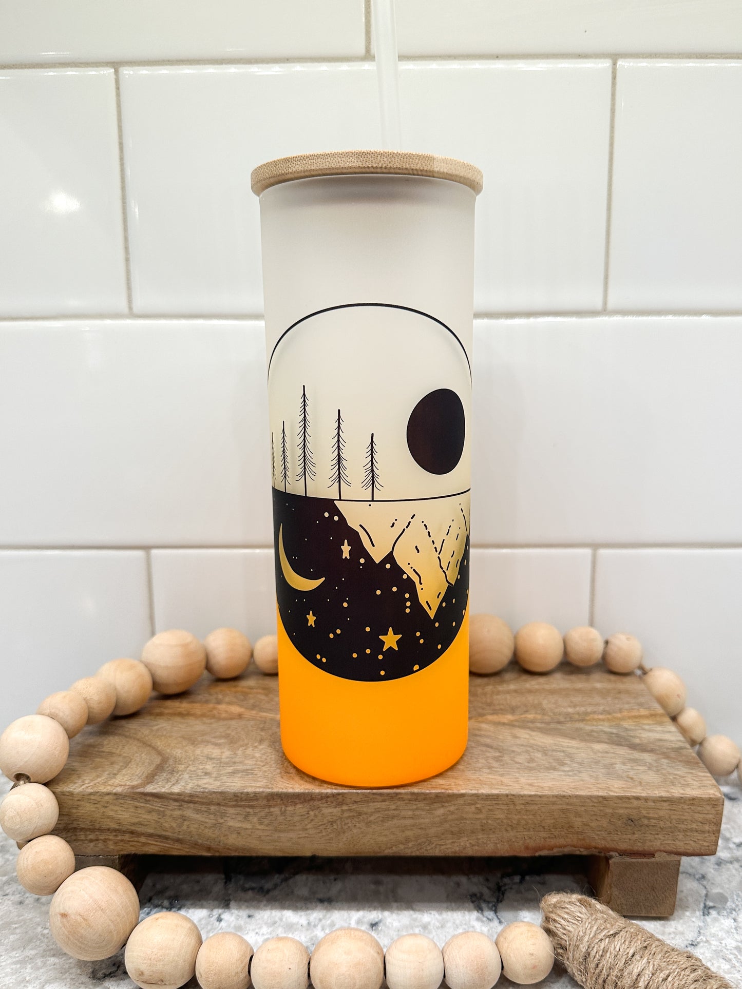 Moon Phases | Mountain | 25 oz Glass Tumbler with Bamboo Lid | Frosted Orange Glass | Iced Coffee Lover