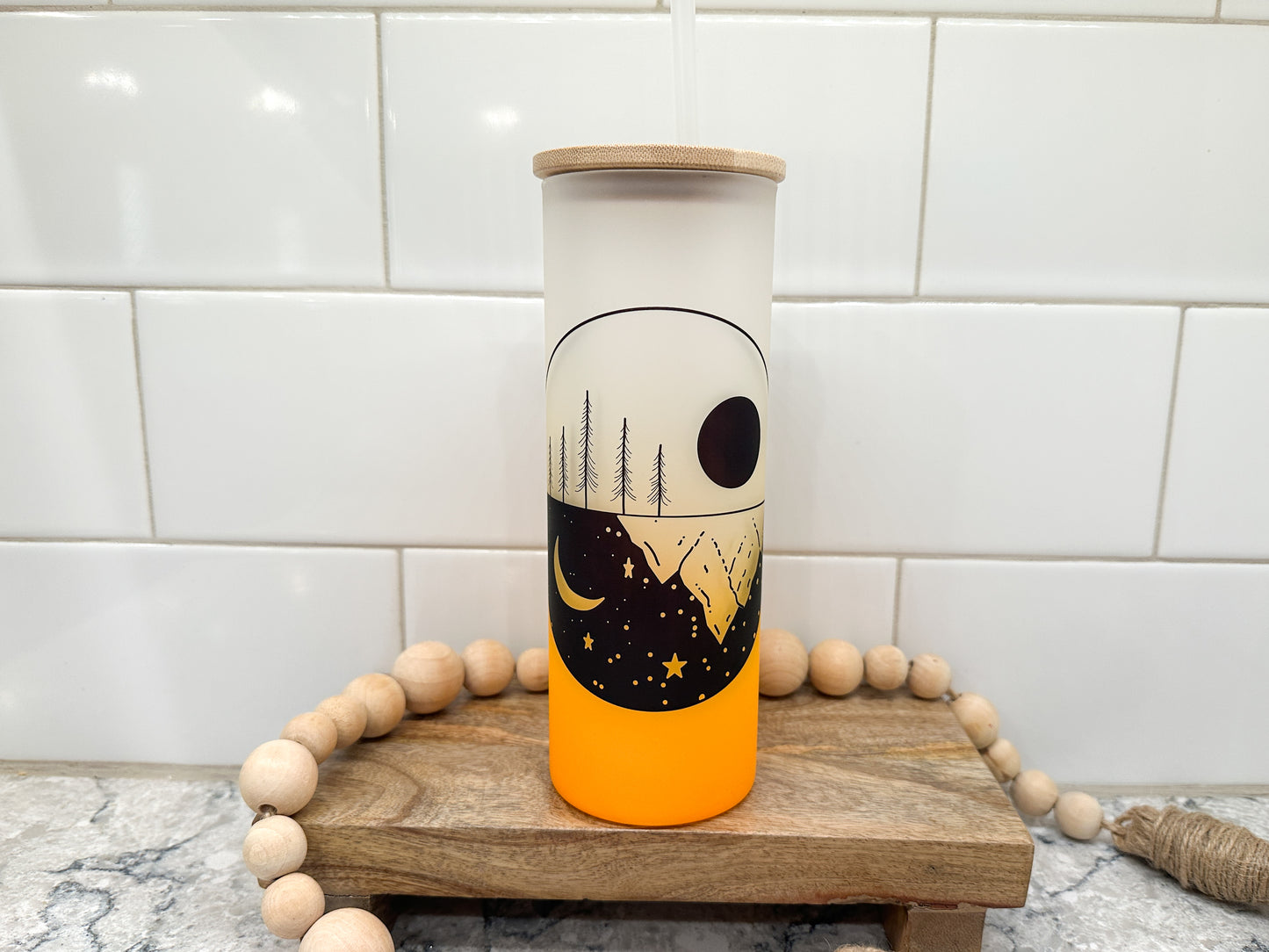Moon Phases | Mountain | 25 oz Glass Tumbler with Bamboo Lid | Frosted Orange Glass | Iced Coffee Lover