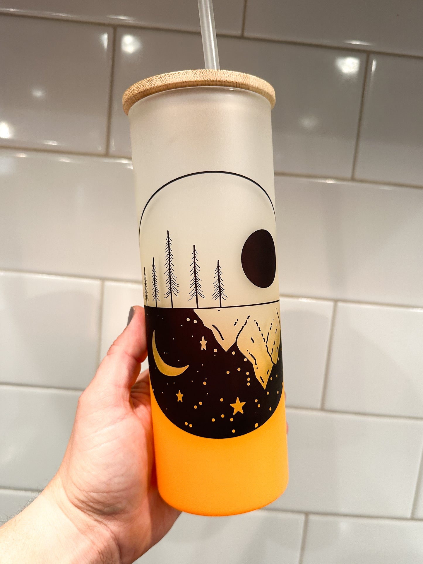 Moon Phases | Mountain | 25 oz Glass Tumbler with Bamboo Lid | Frosted Orange Glass | Iced Coffee Lover
