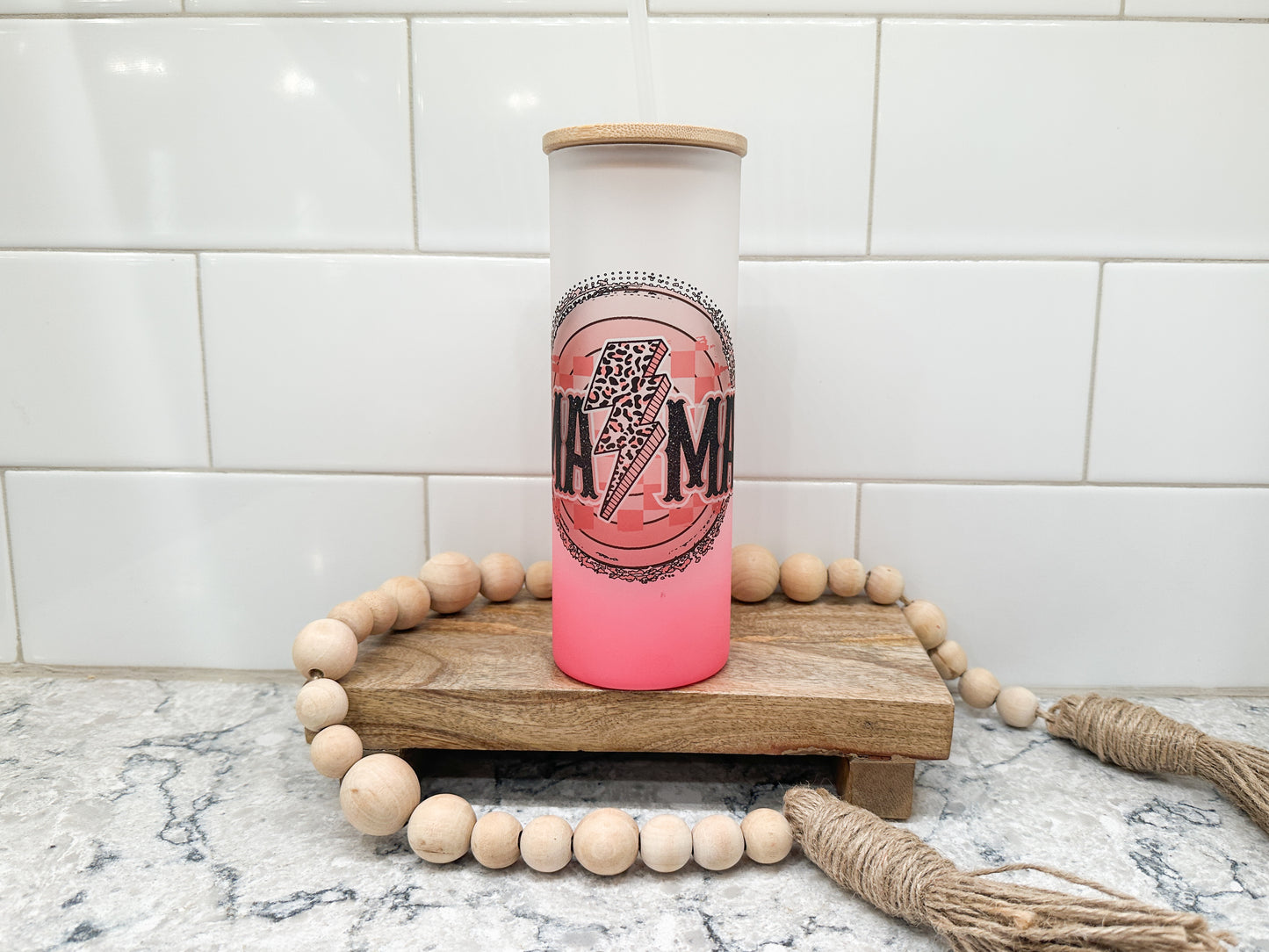 Mama Leopard Lightning | 25 oz Glass Tumbler with Bamboo Lid | Frosted Pink Glass | Iced Coffee Lover