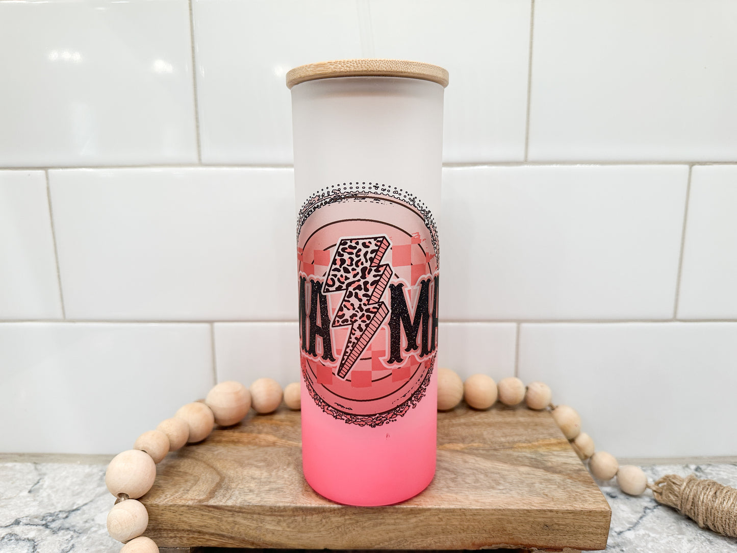 Mama Leopard Lightning | 25 oz Glass Tumbler with Bamboo Lid | Frosted Pink Glass | Iced Coffee Lover