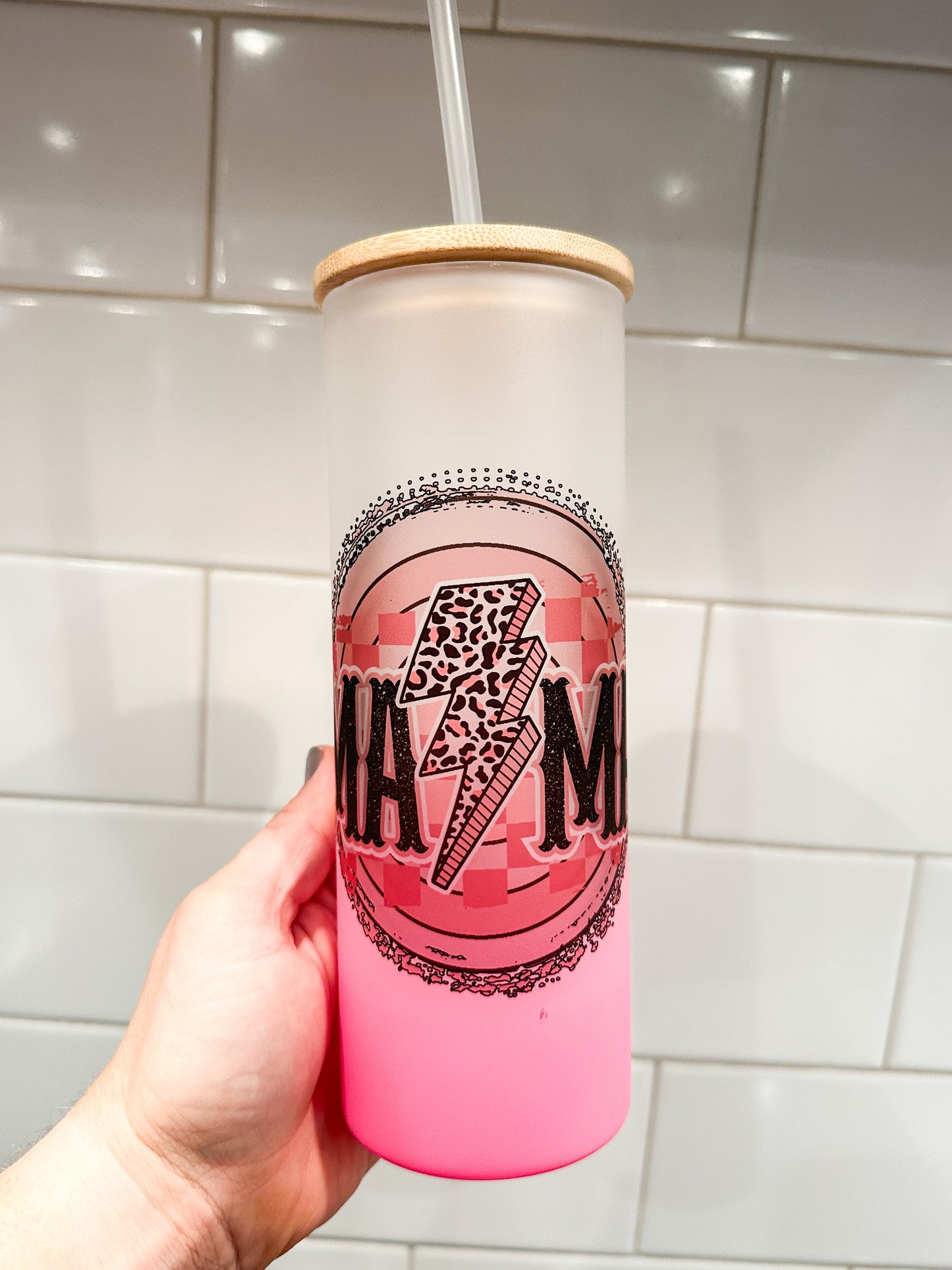 Mama Leopard Lightning | 25 oz Glass Tumbler with Bamboo Lid | Frosted Pink Glass | Iced Coffee Lover