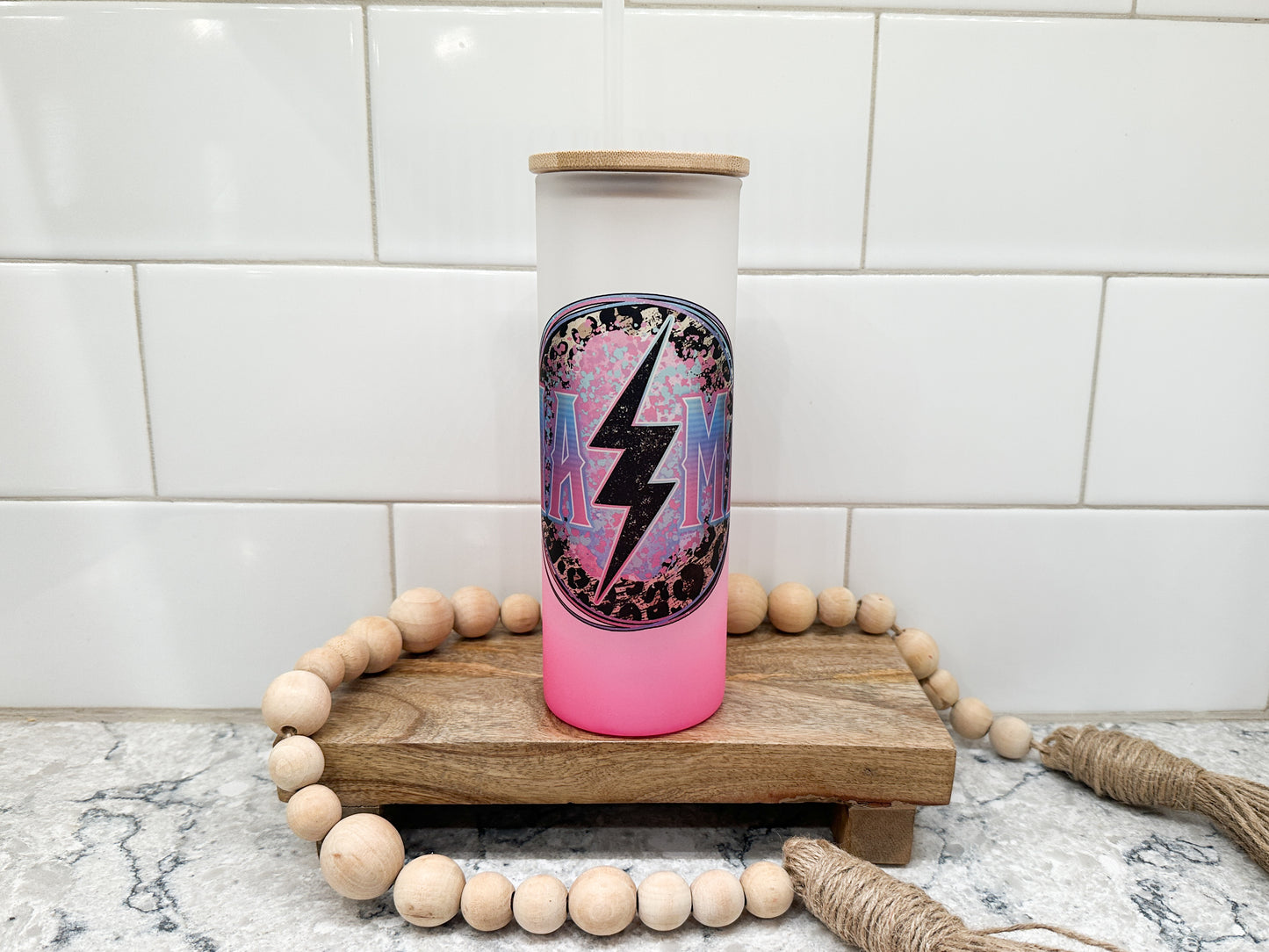 Mama Grunge Lightning | 25 oz Glass Tumbler with Bamboo Lid | Frosted Pink Glass | Iced Coffee Lover