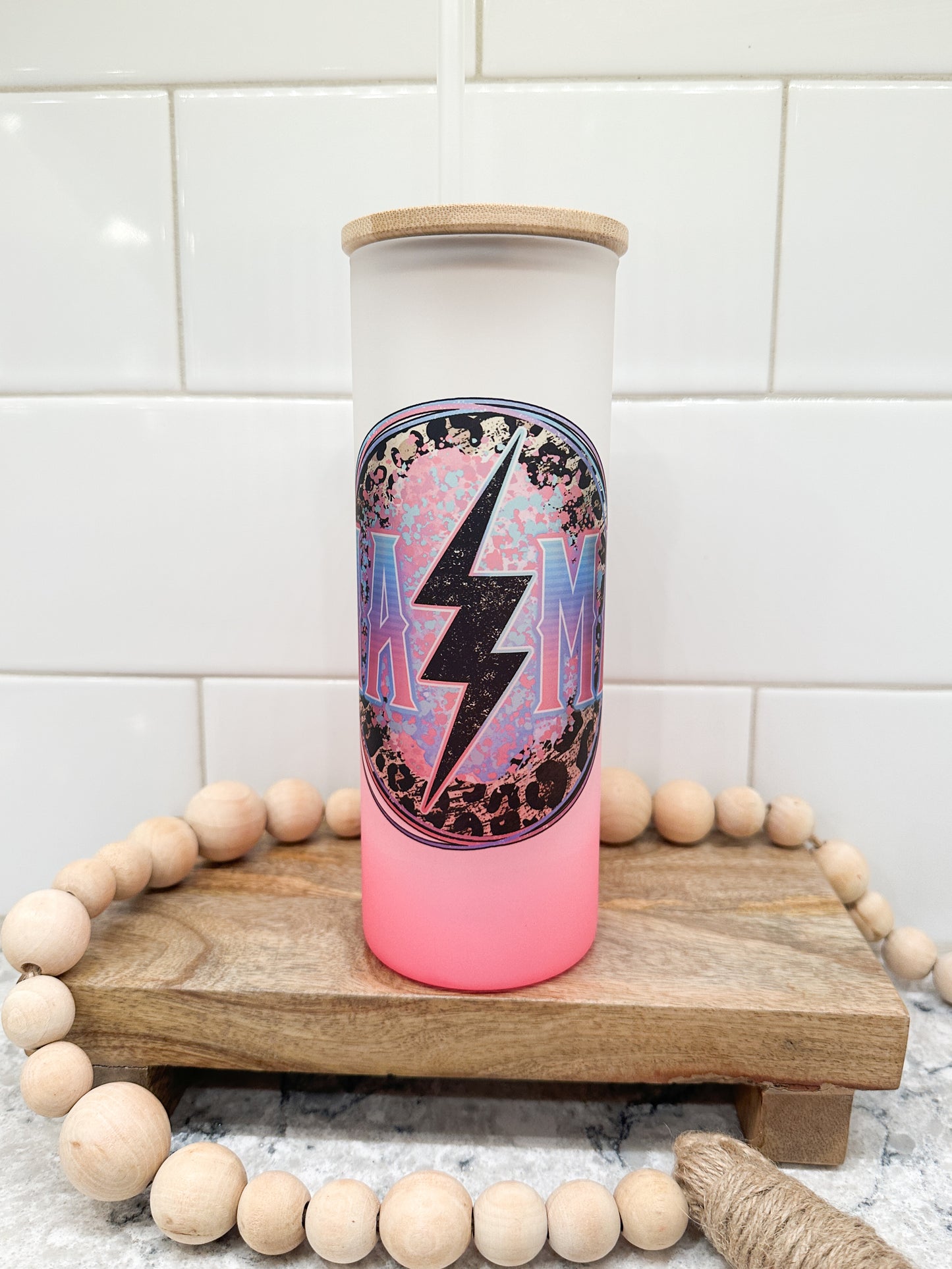 Mama Grunge Lightning | 25 oz Glass Tumbler with Bamboo Lid | Frosted Pink Glass | Iced Coffee Lover