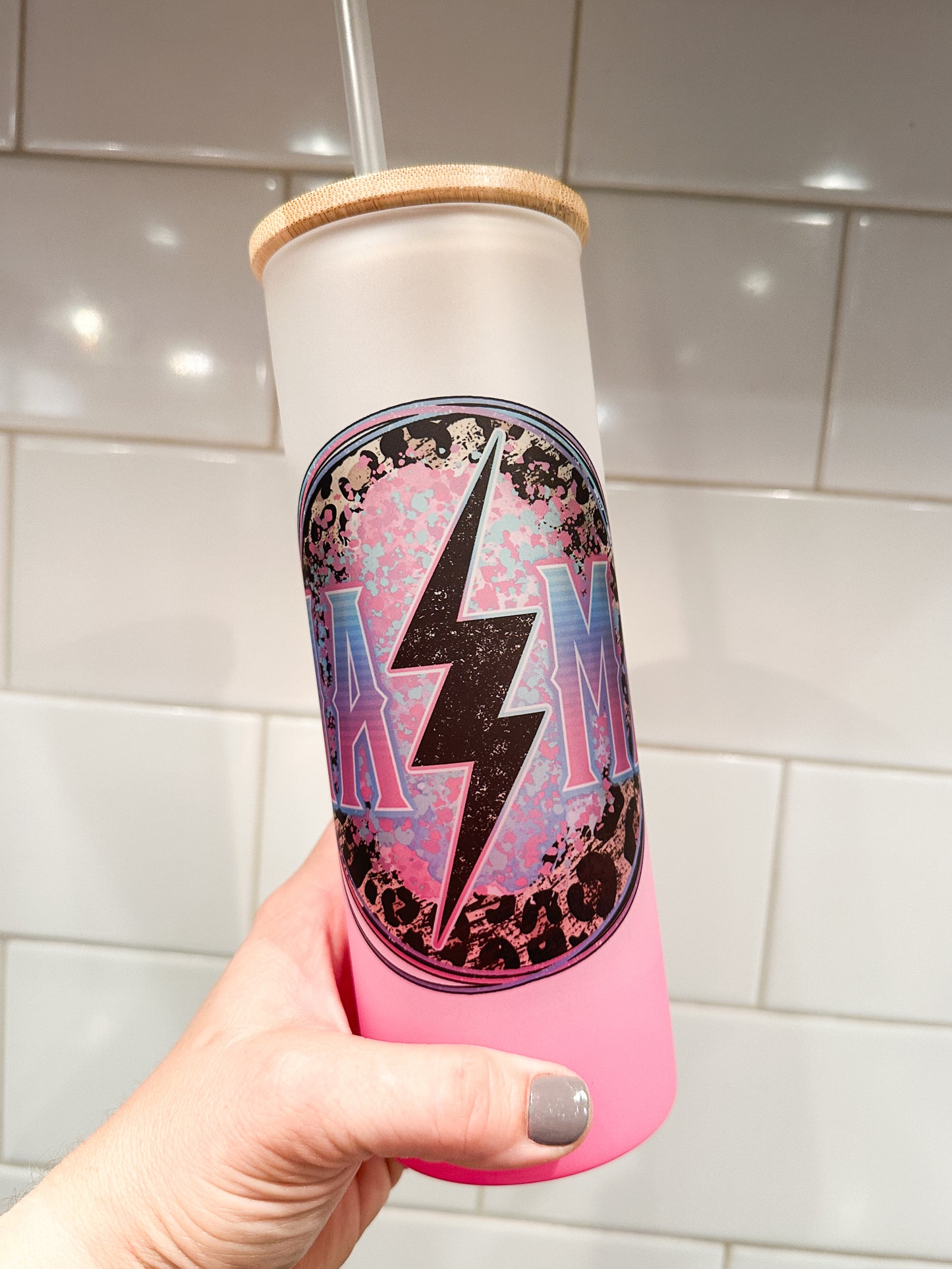 Mama Grunge Lightning | 25 oz Glass Tumbler with Bamboo Lid | Frosted Pink Glass | Iced Coffee Lover