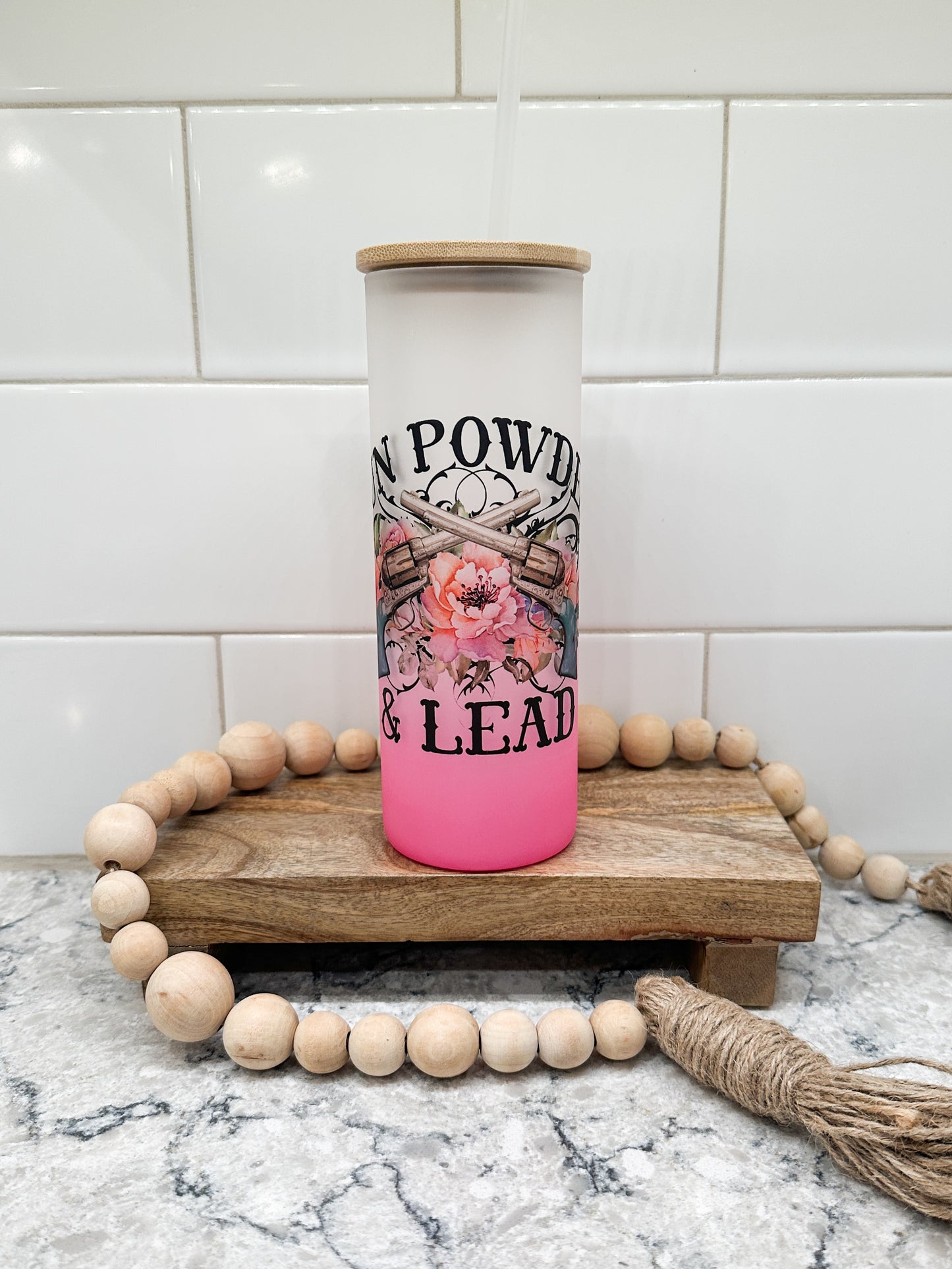 Gun Powder and Lead | Cowgril Pretty | 25 oz Glass Tumbler with Bamboo Lid | Frosted Pink Glass | Iced Coffee Lover