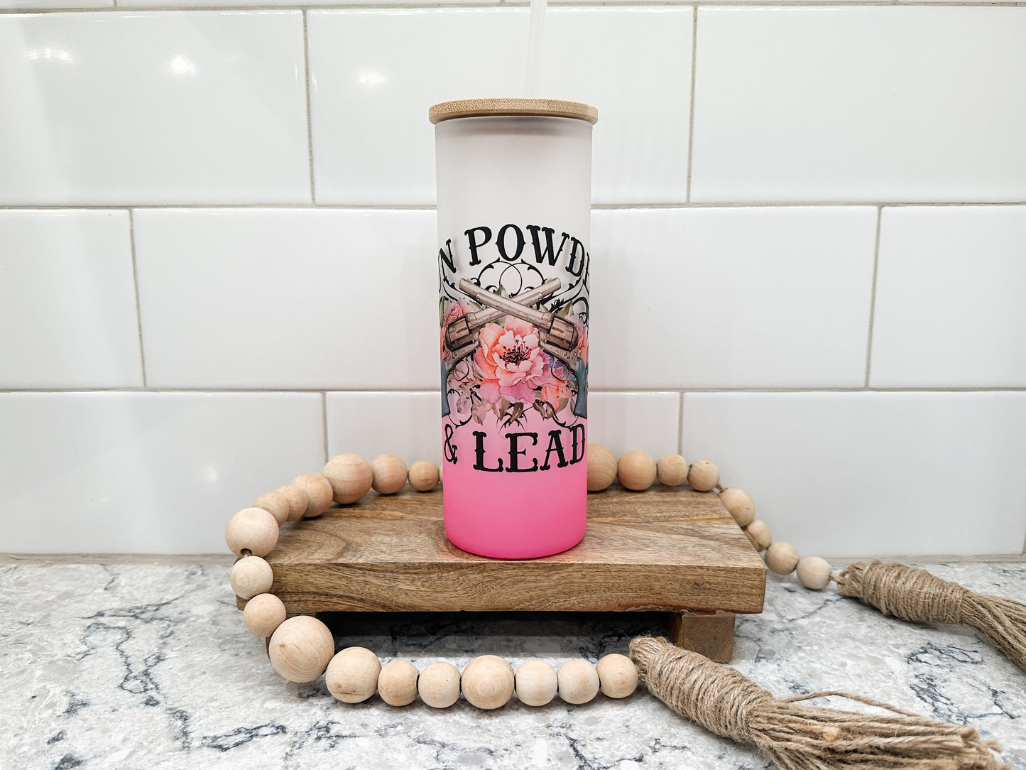 Gun Powder and Lead | Cowgril Pretty | 25 oz Glass Tumbler with Bamboo Lid | Frosted Pink Glass | Iced Coffee Lover