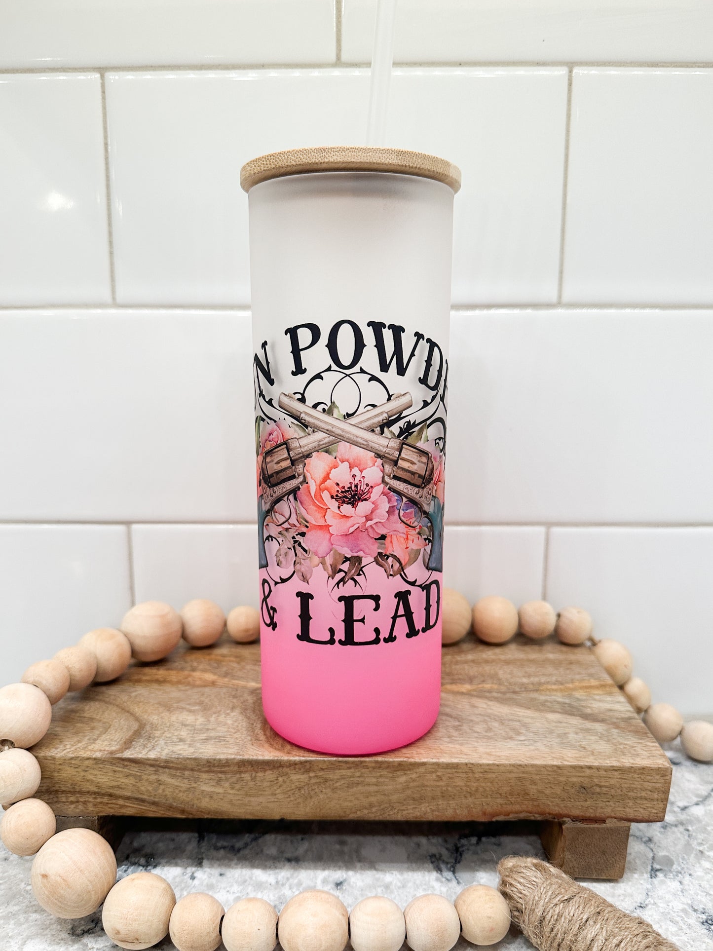 Gun Powder and Lead | Cowgril Pretty | 25 oz Glass Tumbler with Bamboo Lid | Frosted Pink Glass | Iced Coffee Lover