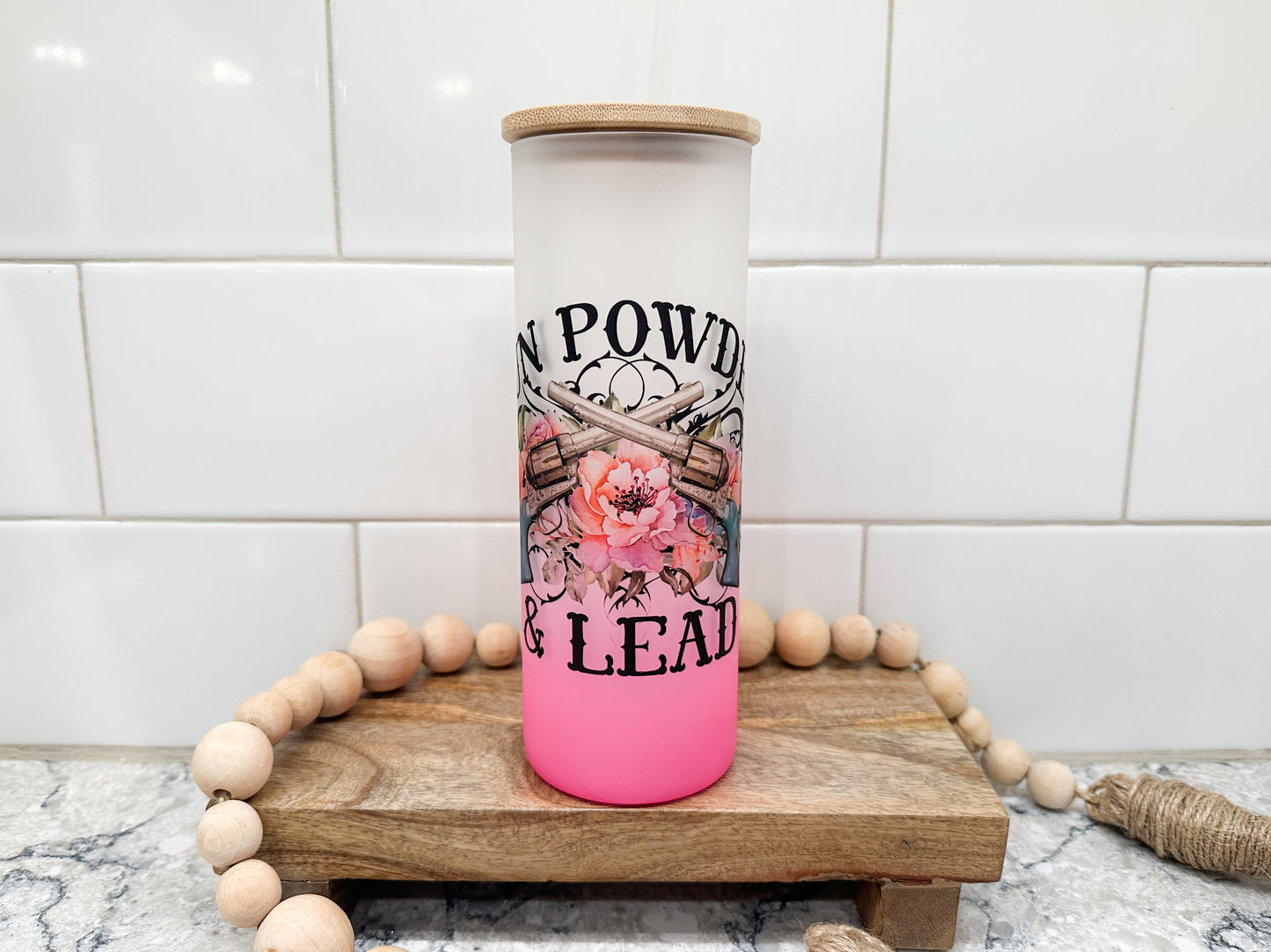Gun Powder and Lead | Cowgril Pretty | 25 oz Glass Tumbler with Bamboo Lid | Frosted Pink Glass | Iced Coffee Lover