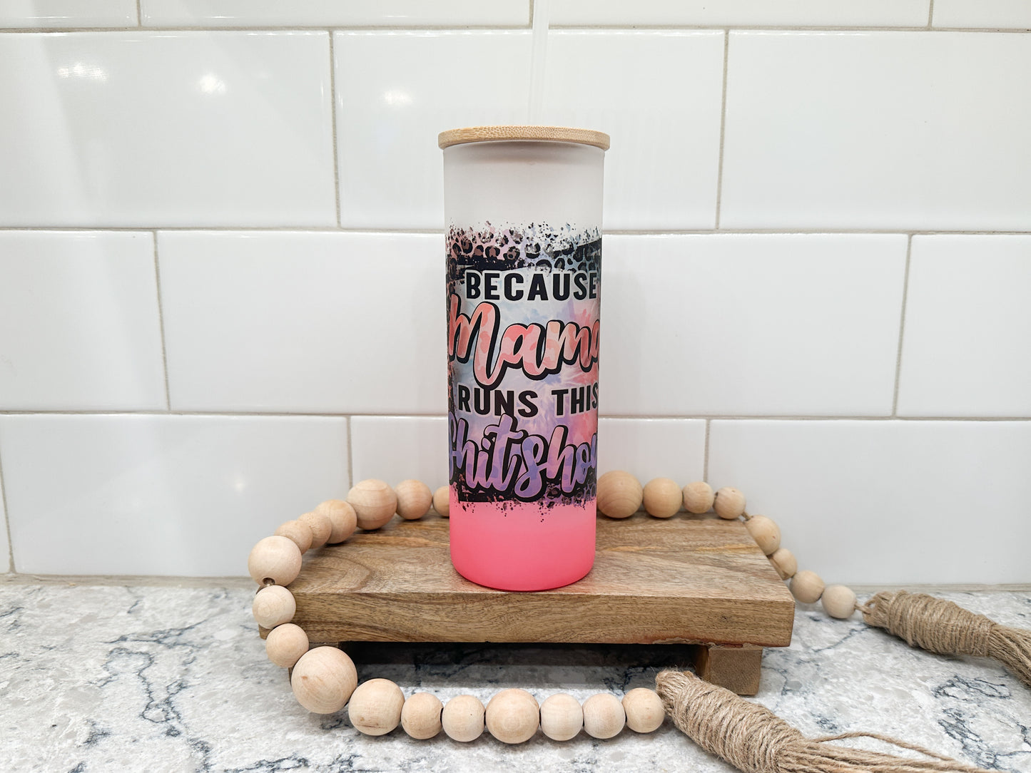 Mama Runs This Shitshow | 25 oz Glass Tumbler with Bamboo Lid | Frosted Pink Glass | Iced Coffee Lover