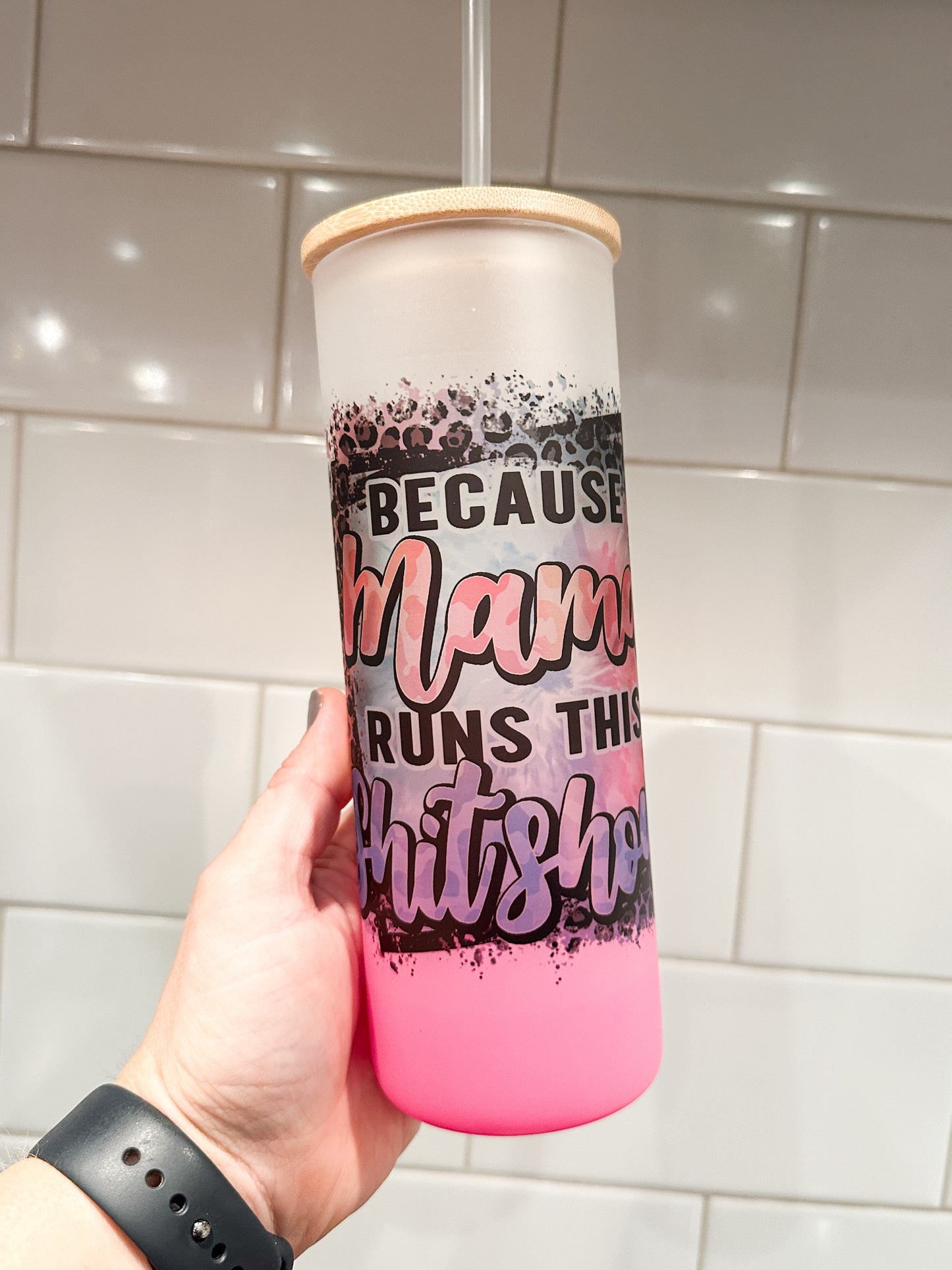 Mama Runs This Shitshow | 25 oz Glass Tumbler with Bamboo Lid | Frosted Pink Glass | Iced Coffee Lover