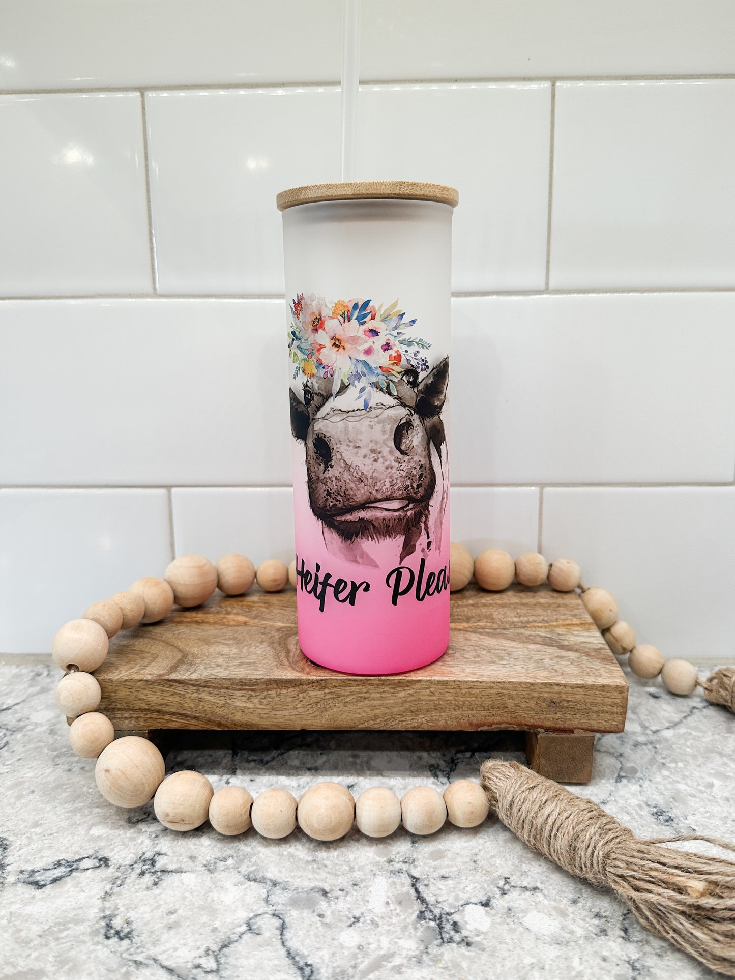 Heifer Please | 25 oz Glass Tumbler with Bamboo Lid | Frosted Pink Glass | Iced Coffee Lover