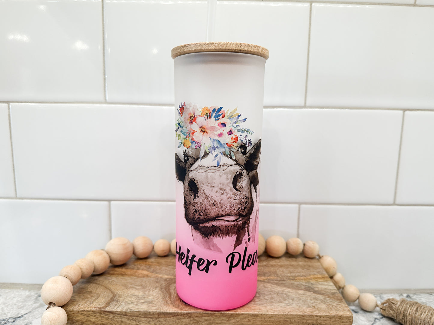 Heifer Please | 25 oz Glass Tumbler with Bamboo Lid | Frosted Pink Glass | Iced Coffee Lover
