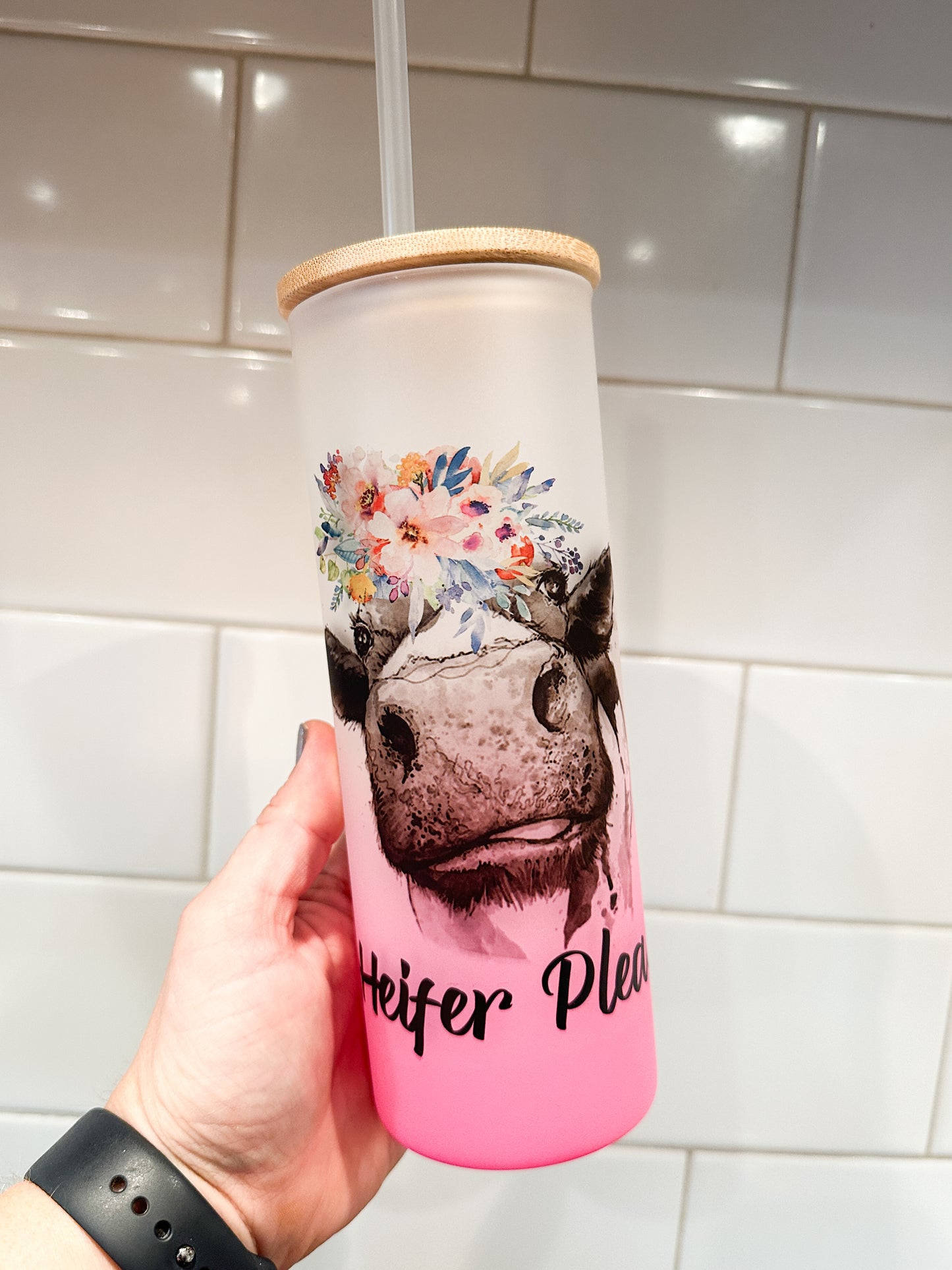 Heifer Please | 25 oz Glass Tumbler with Bamboo Lid | Frosted Pink Glass | Iced Coffee Lover