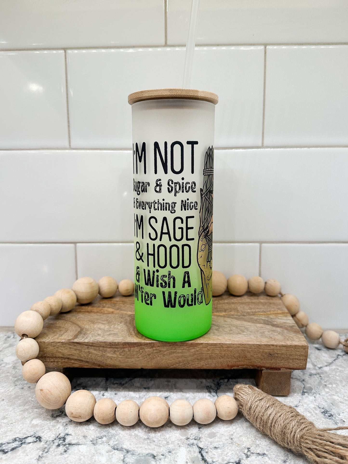 Sage & Hood | 25 oz Glass Tumbler with Bamboo Lid | Frosted Green Glass | Iced Coffee Lover