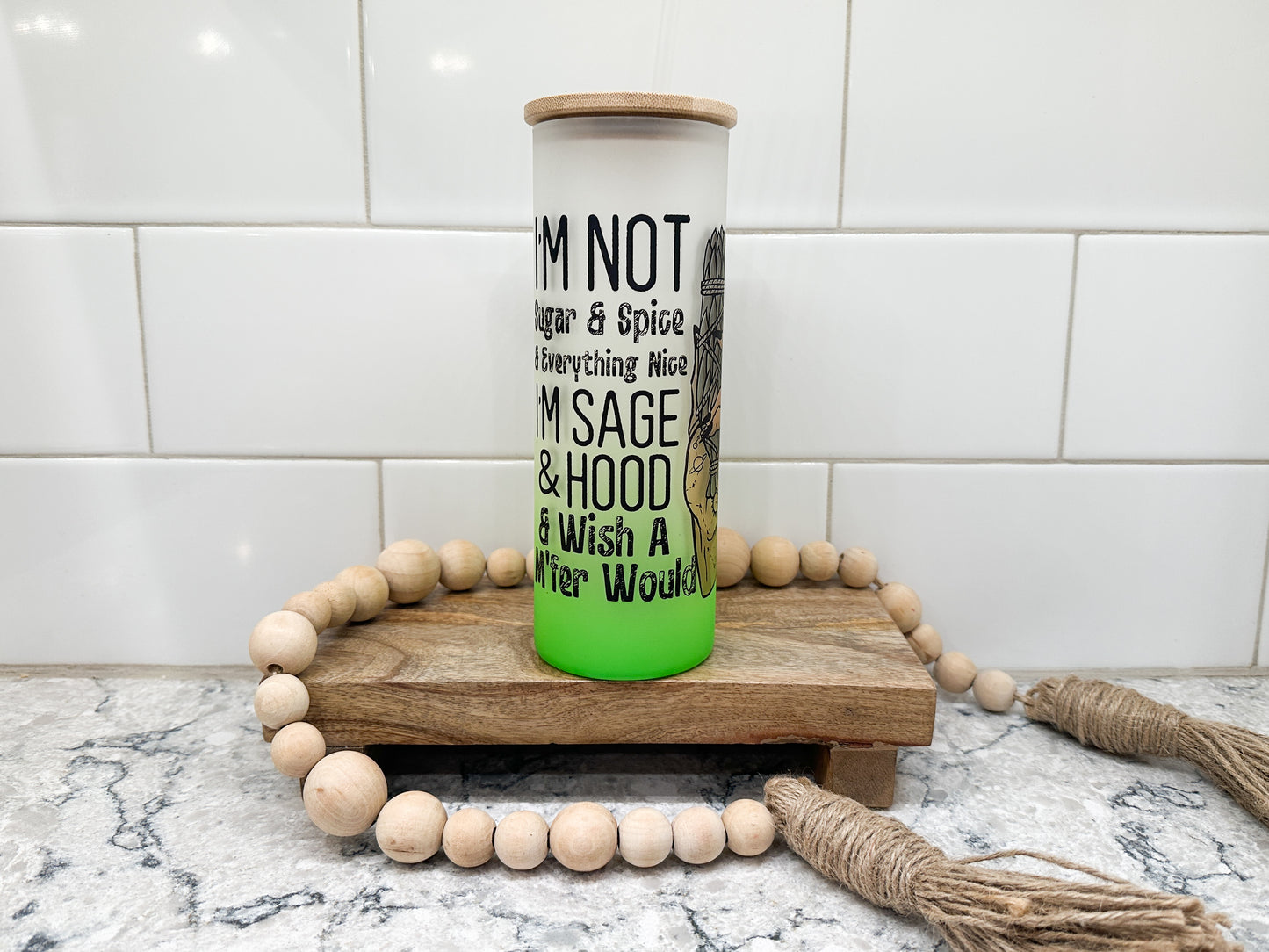 Sage & Hood | 25 oz Glass Tumbler with Bamboo Lid | Frosted Green Glass | Iced Coffee Lover