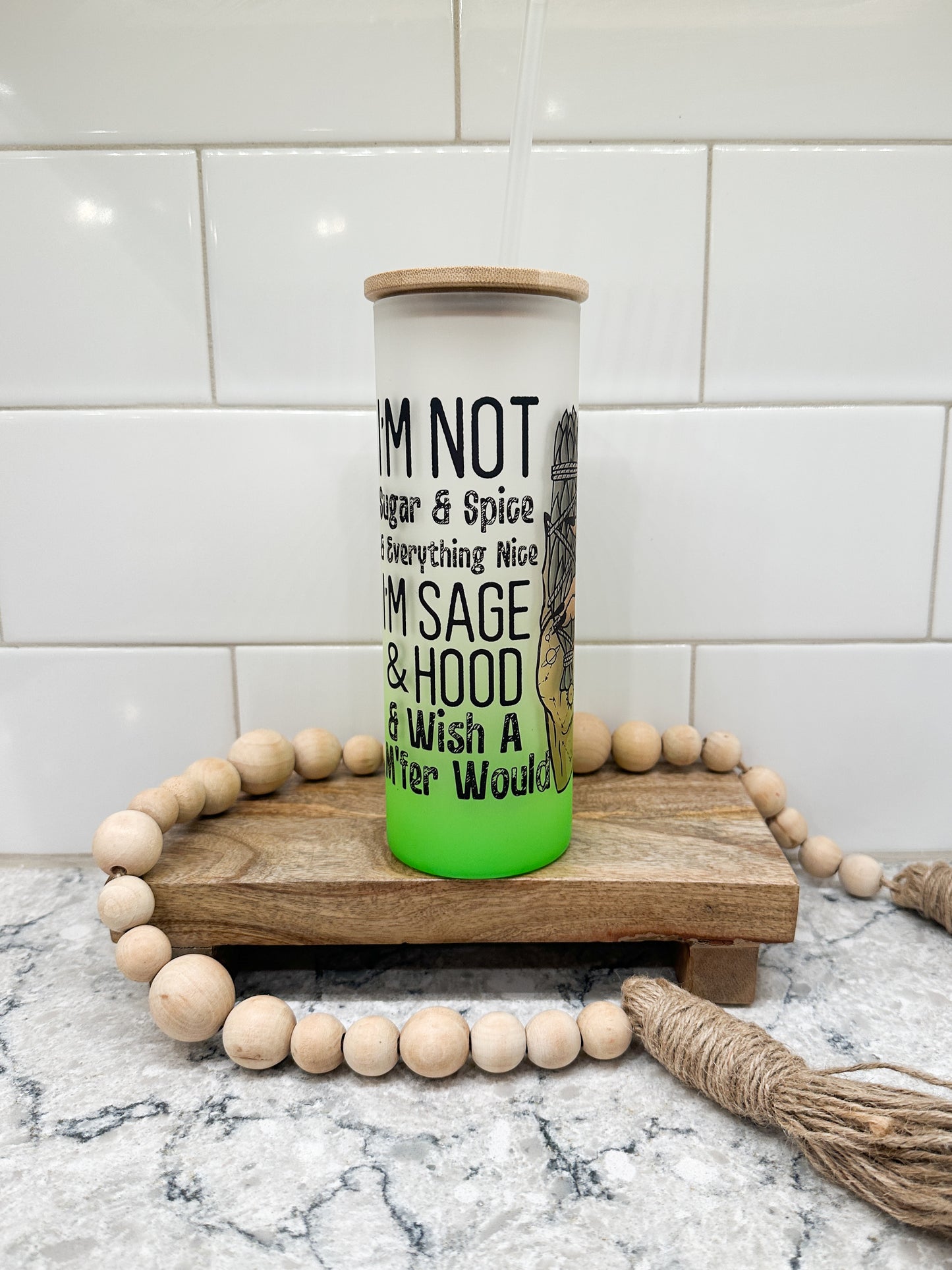 Sage & Hood | 25 oz Glass Tumbler with Bamboo Lid | Frosted Green Glass | Iced Coffee Lover