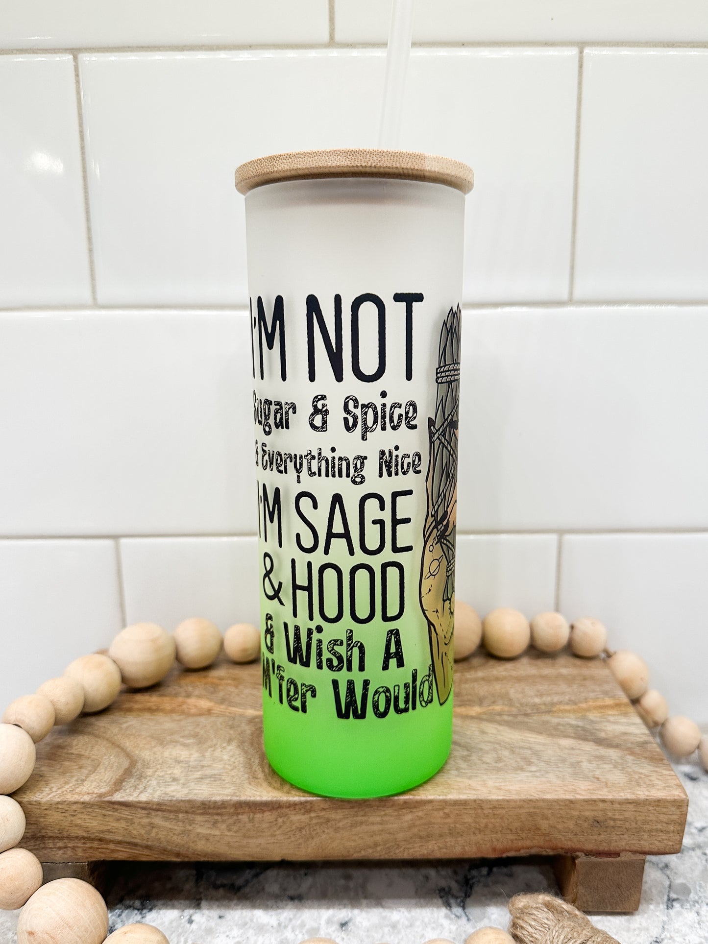 Sage & Hood | 25 oz Glass Tumbler with Bamboo Lid | Frosted Green Glass | Iced Coffee Lover