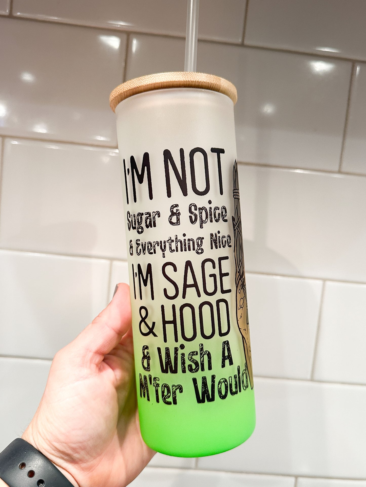 Sage & Hood | 25 oz Glass Tumbler with Bamboo Lid | Frosted Green Glass | Iced Coffee Lover