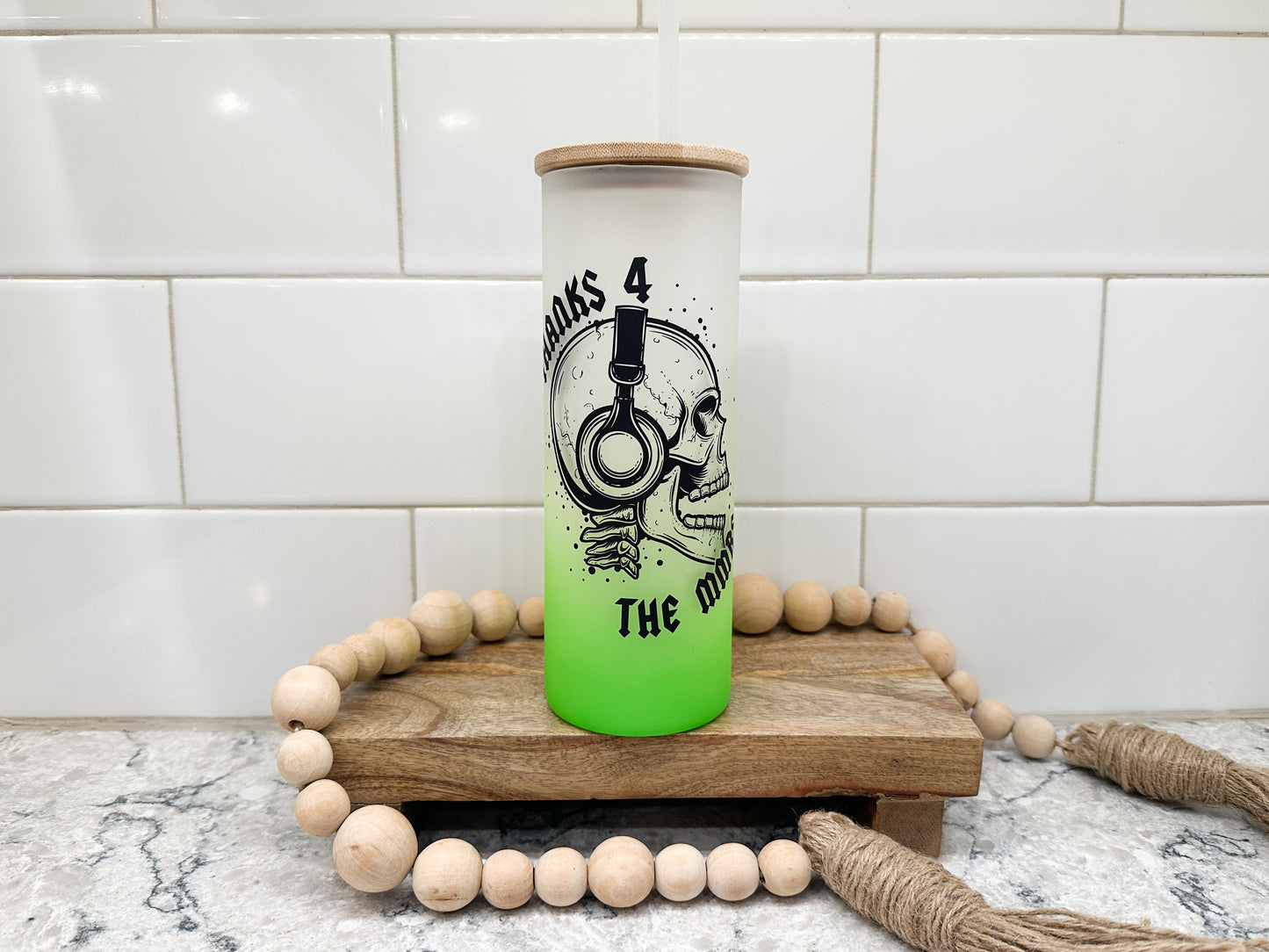 Thanks 4 the MMRS | Skull | 25 oz Glass Tumbler with Bamboo Lid | Frosted Green Glass | Iced Coffee Lover