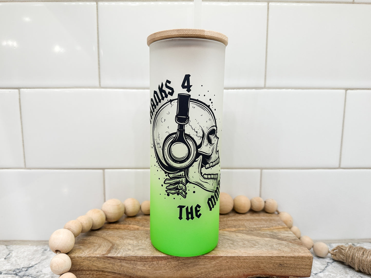 Thanks 4 the MMRS | Skull | 25 oz Glass Tumbler with Bamboo Lid | Frosted Green Glass | Iced Coffee Lover