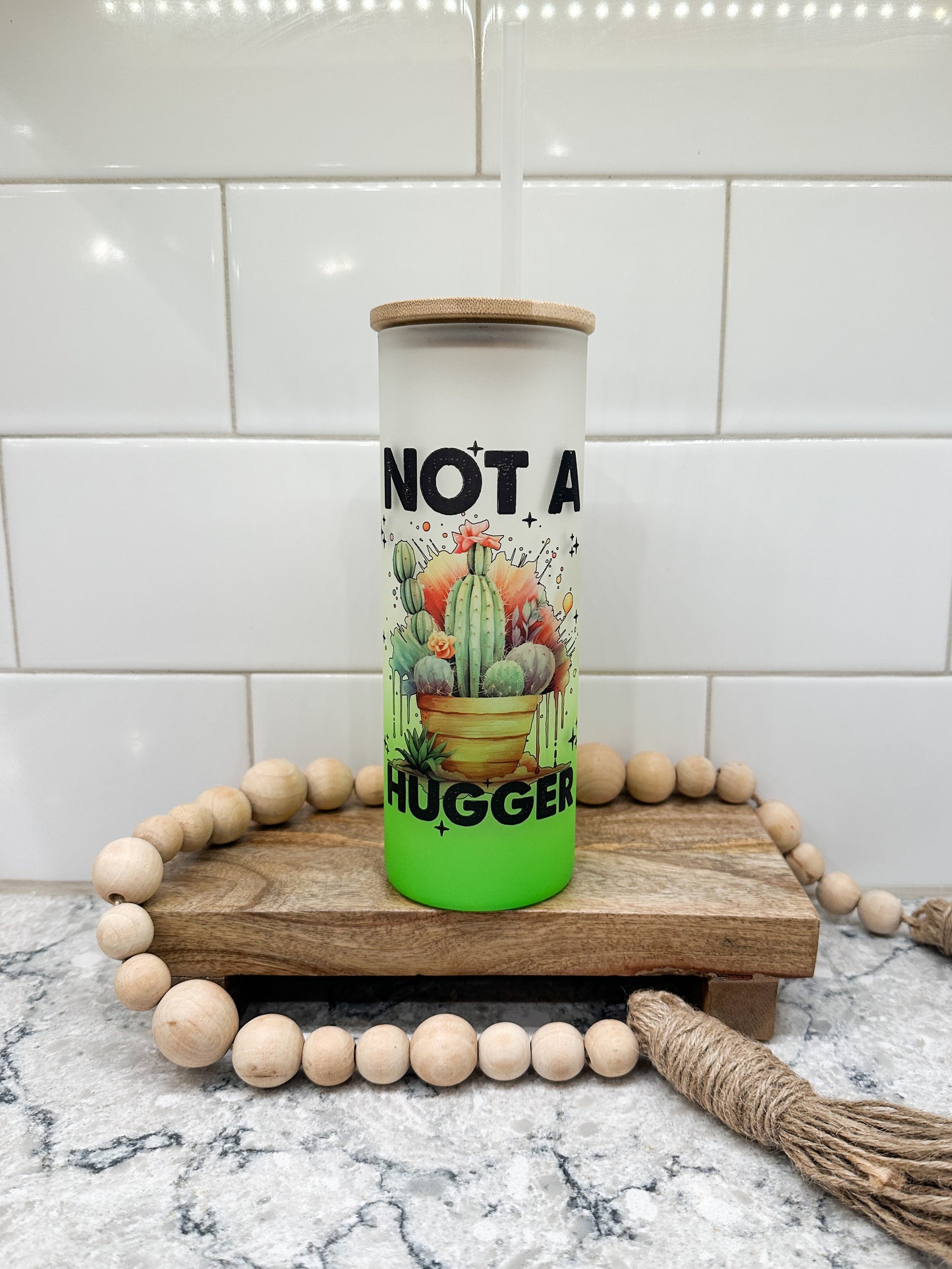 Not A Hugger | 25 oz Glass Tumbler with Bamboo Lid | Frosted Green Glass | Iced Coffee Lover