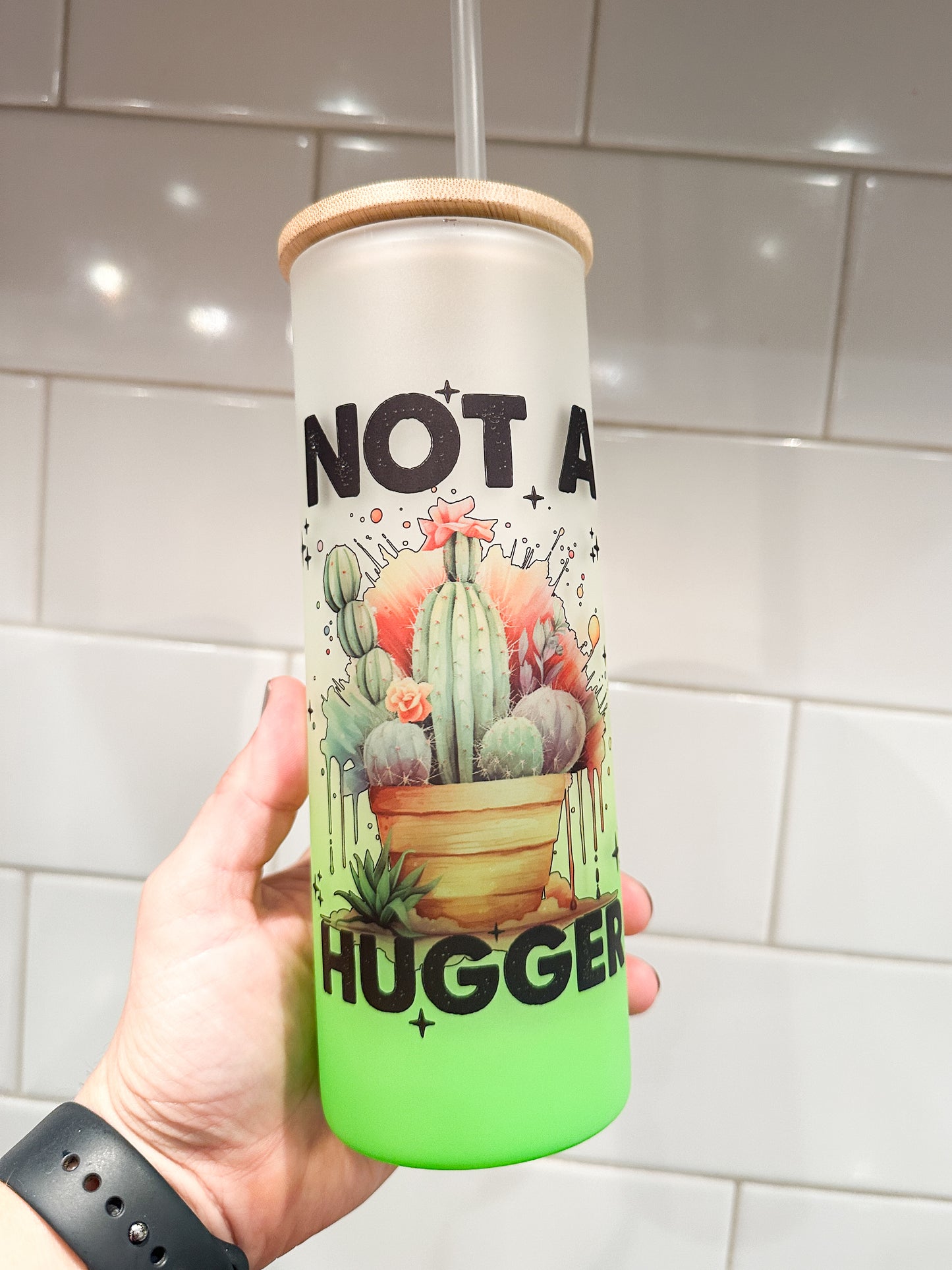 Not A Hugger | 25 oz Glass Tumbler with Bamboo Lid | Frosted Green Glass | Iced Coffee Lover