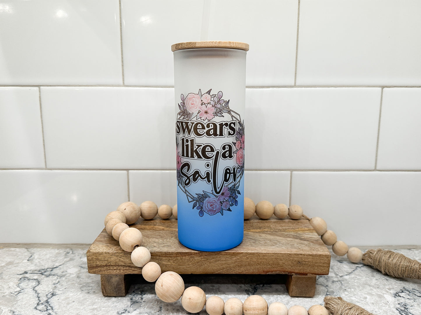 Swears Like A Sailor | 25 oz Glass Tumbler with Bamboo Lid | Frosted Blue Glass | Iced Coffee Lover