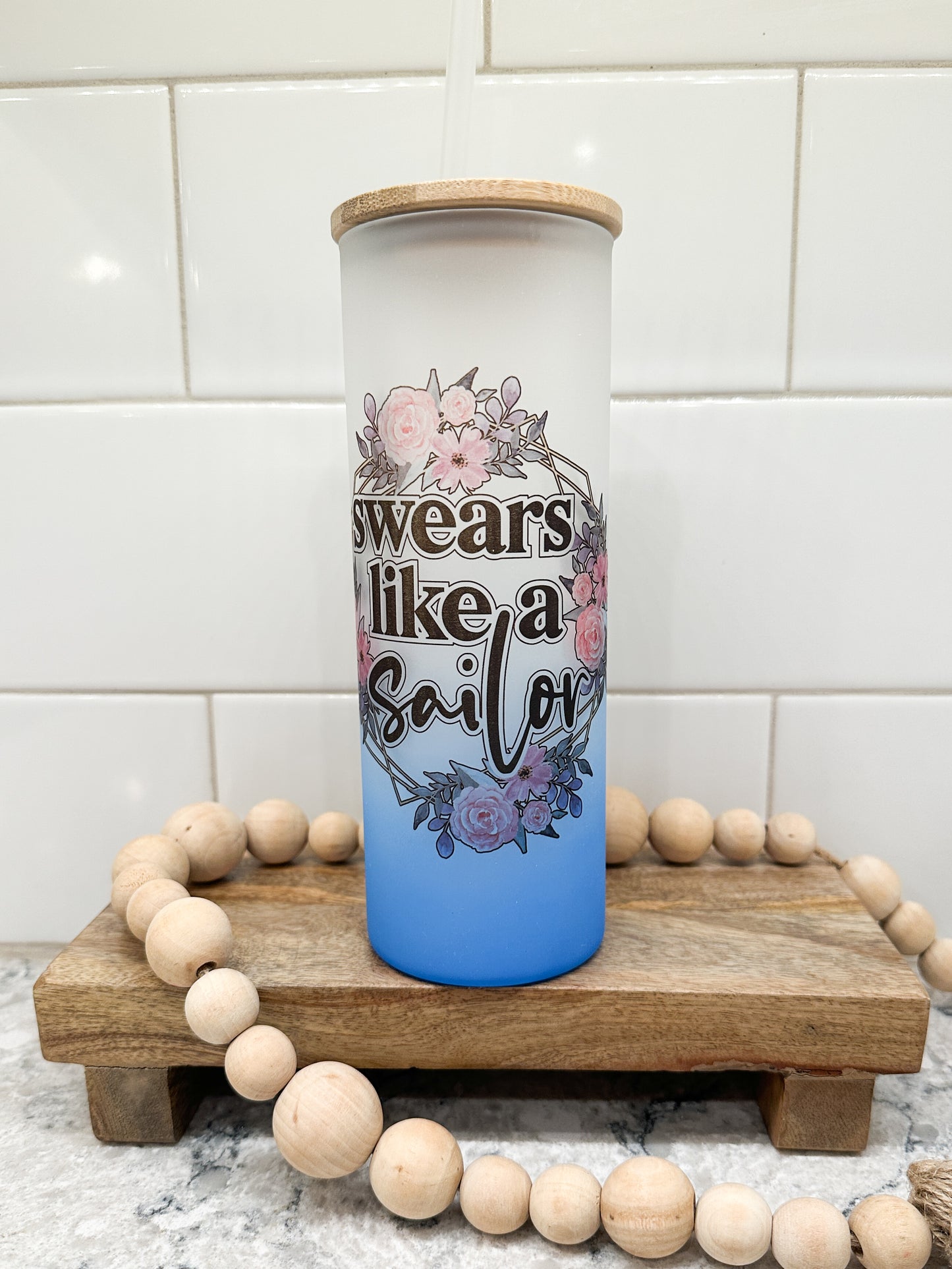 Swears Like A Sailor | 25 oz Glass Tumbler with Bamboo Lid | Frosted Blue Glass | Iced Coffee Lover