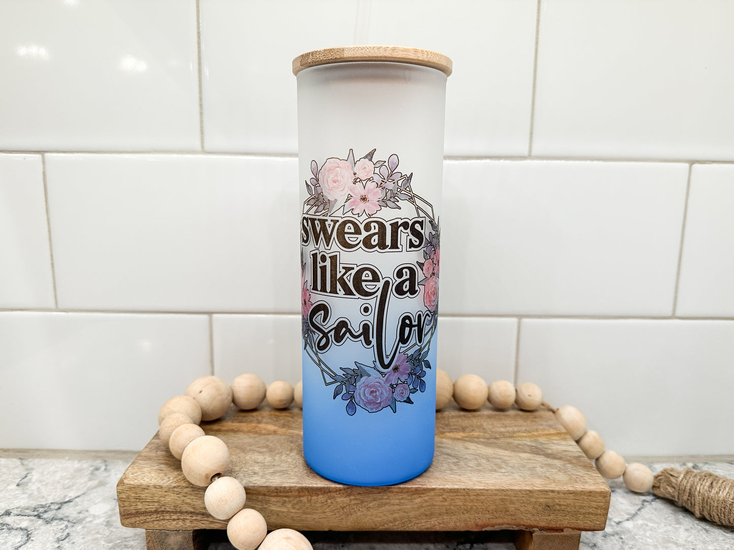 Swears Like A Sailor | 25 oz Glass Tumbler with Bamboo Lid | Frosted Blue Glass | Iced Coffee Lover