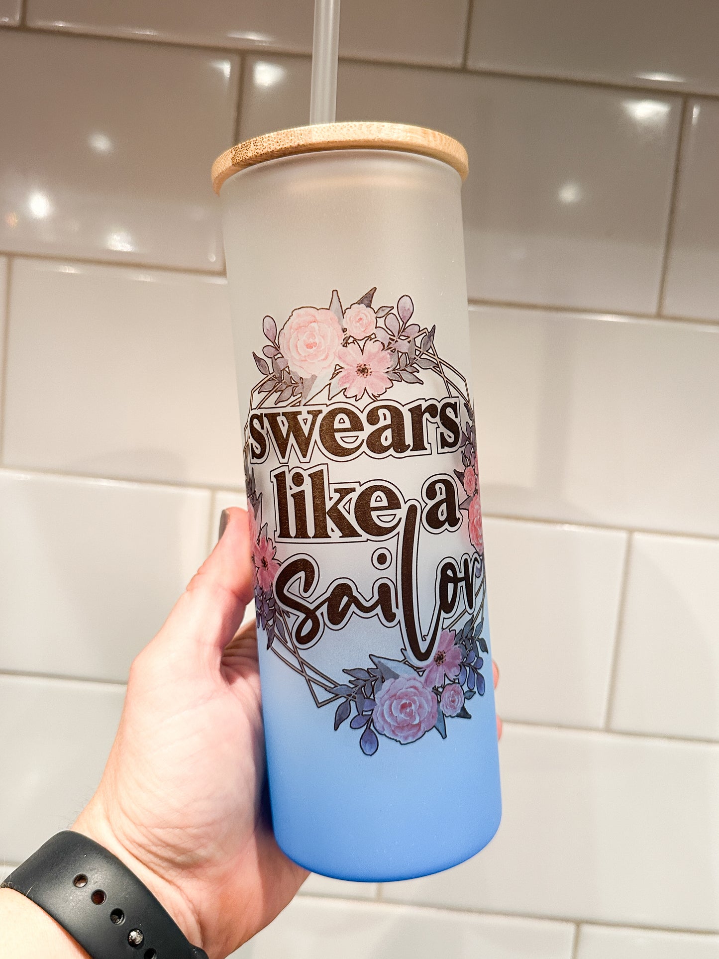 Swears Like A Sailor | 25 oz Glass Tumbler with Bamboo Lid | Frosted Blue Glass | Iced Coffee Lover