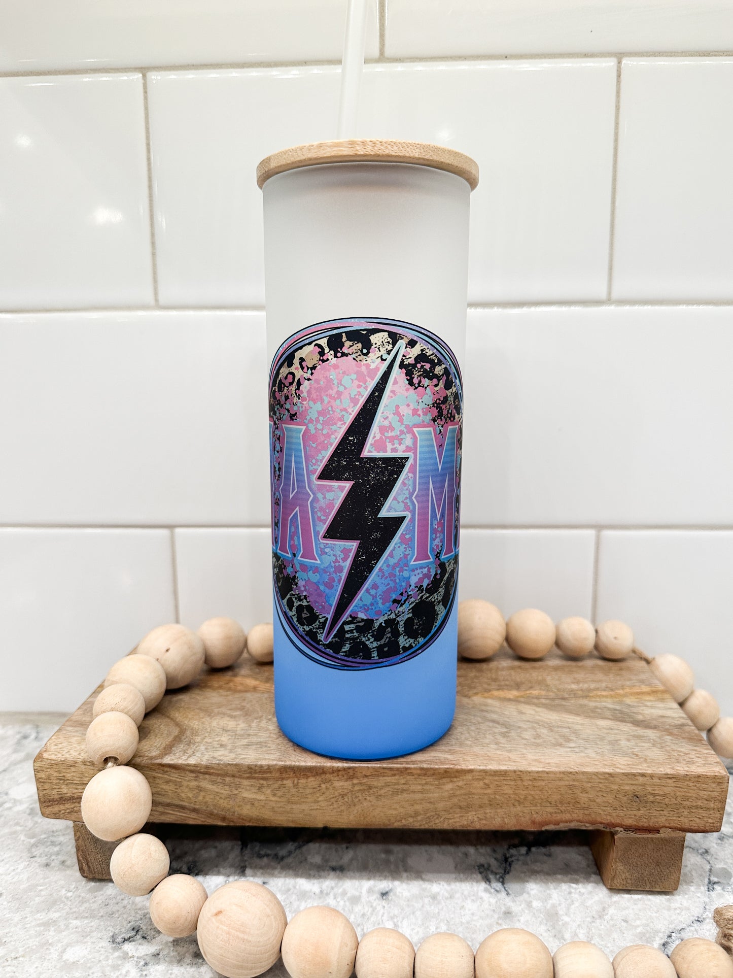 Mama Grunge Lightning | 25 oz Glass Tumbler with Bamboo Lid | Frosted Blue Glass | Iced Coffee Lover