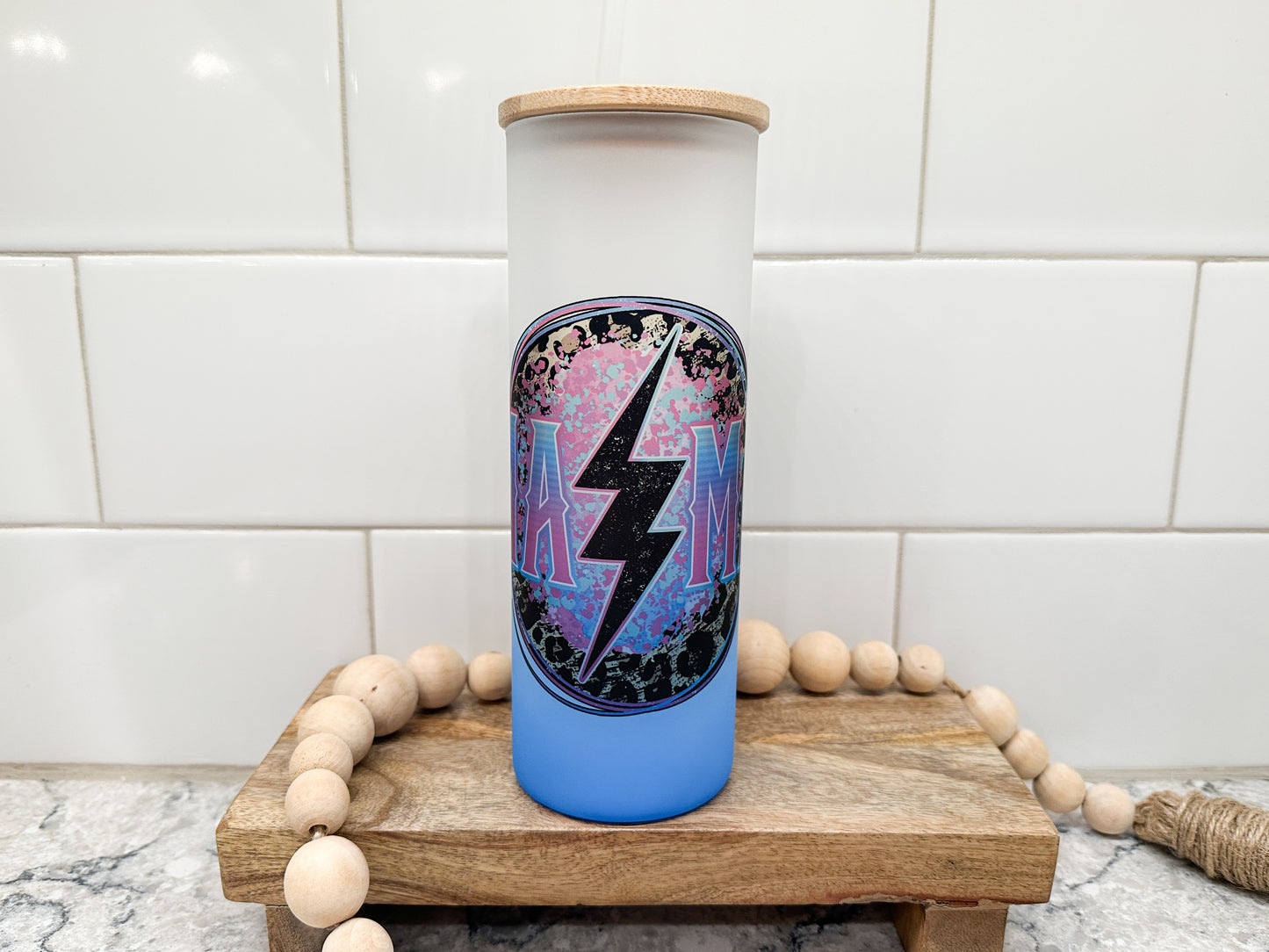Mama Grunge Lightning | 25 oz Glass Tumbler with Bamboo Lid | Frosted Blue Glass | Iced Coffee Lover