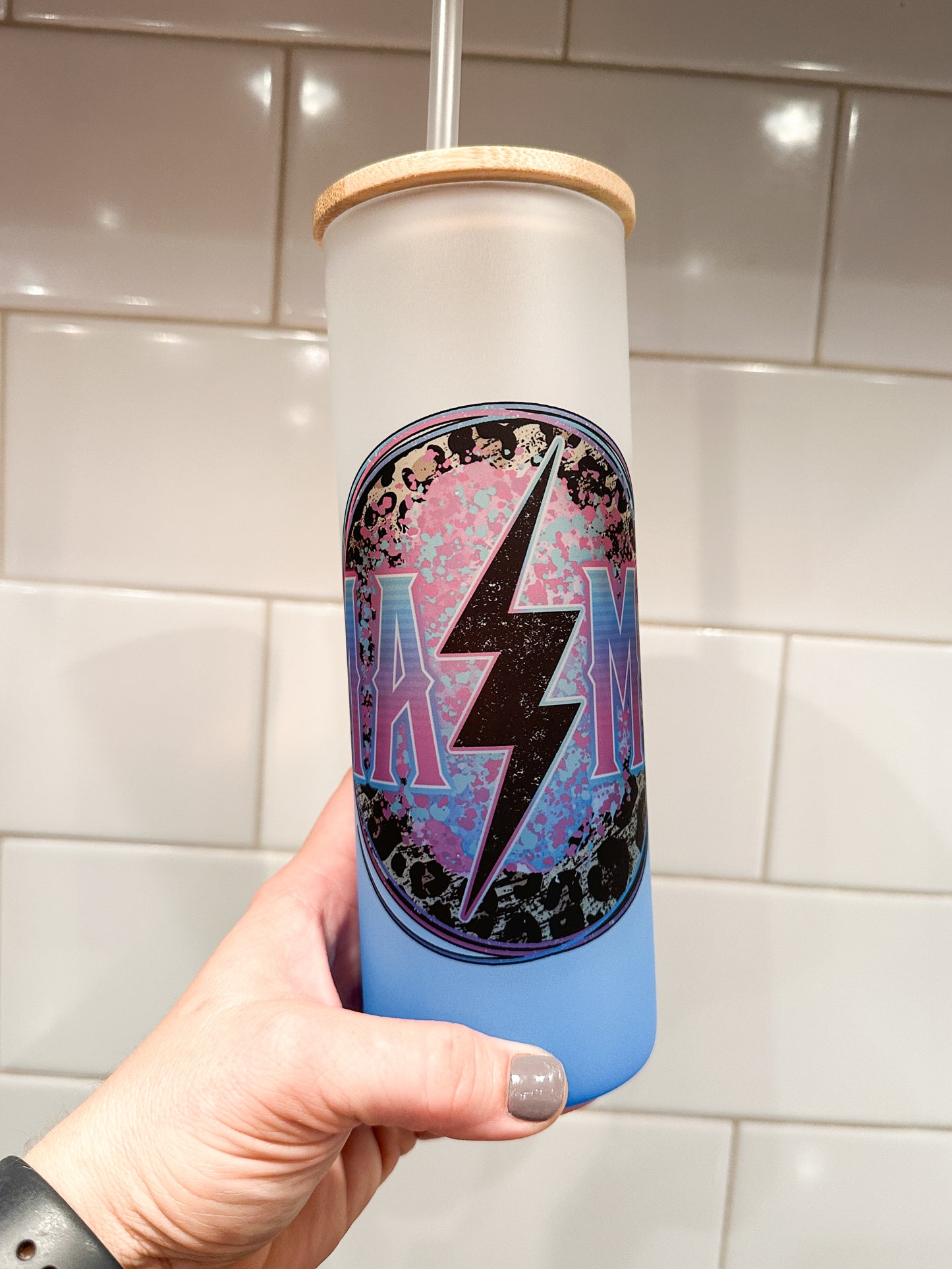 Mama Grunge Lightning | 25 oz Glass Tumbler with Bamboo Lid | Frosted Blue Glass | Iced Coffee Lover
