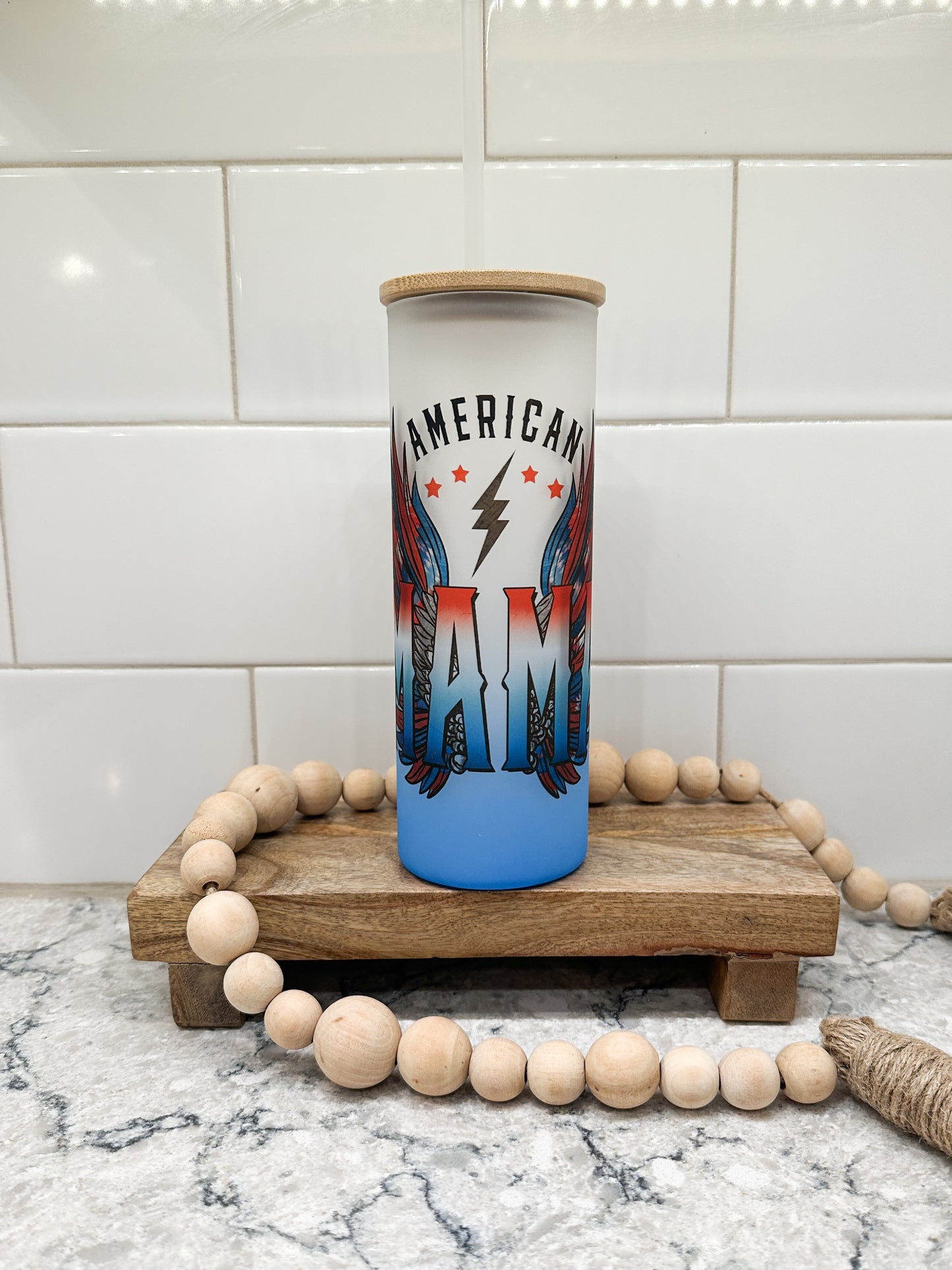 American Mama | 25 oz Glass Tumbler with Bamboo Lid | Frosted Blue Glass | Iced Coffee Lover