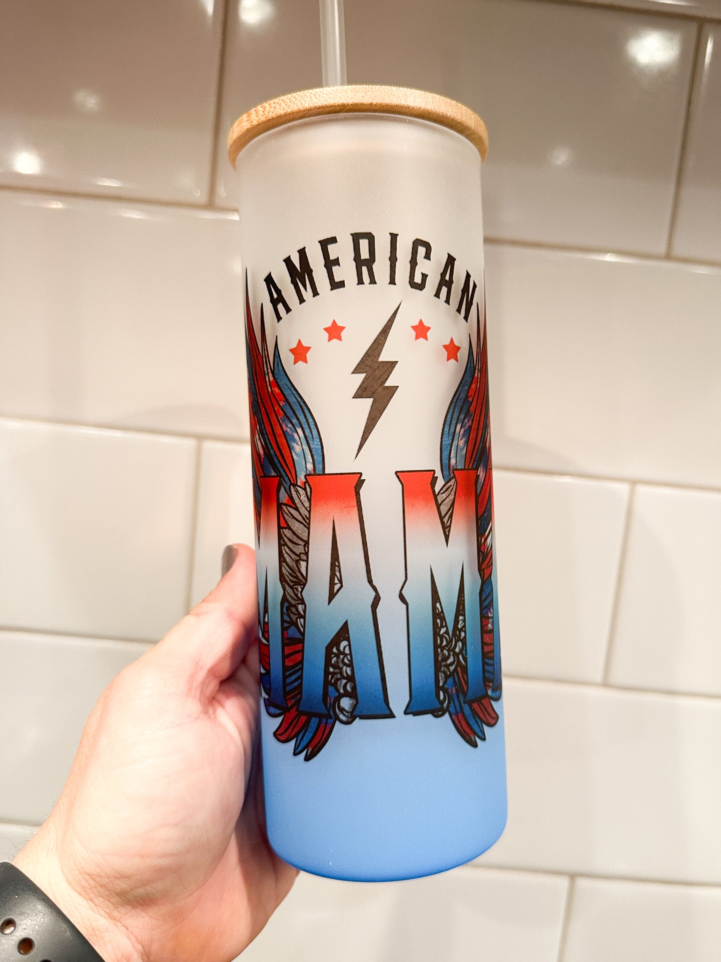 American Mama | 25 oz Glass Tumbler with Bamboo Lid | Frosted Blue Glass | Iced Coffee Lover