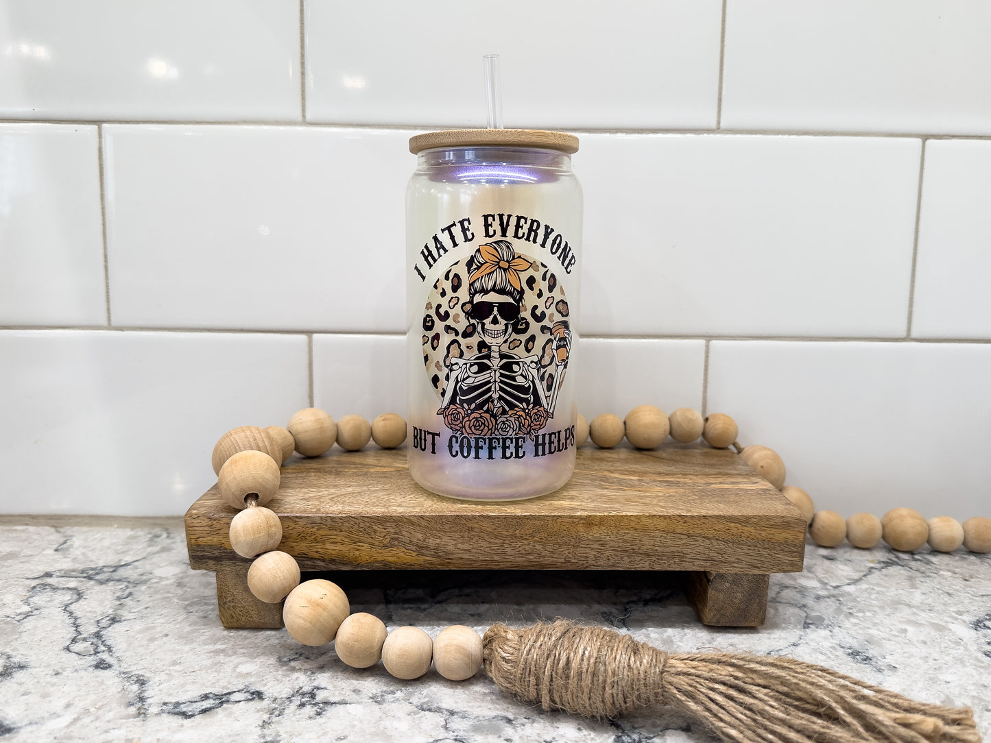I Hate Everyone - Coffee Helps | 16 oz Can Glass with Bamboo Lid | Blue Iridescent | Glass Drinkware