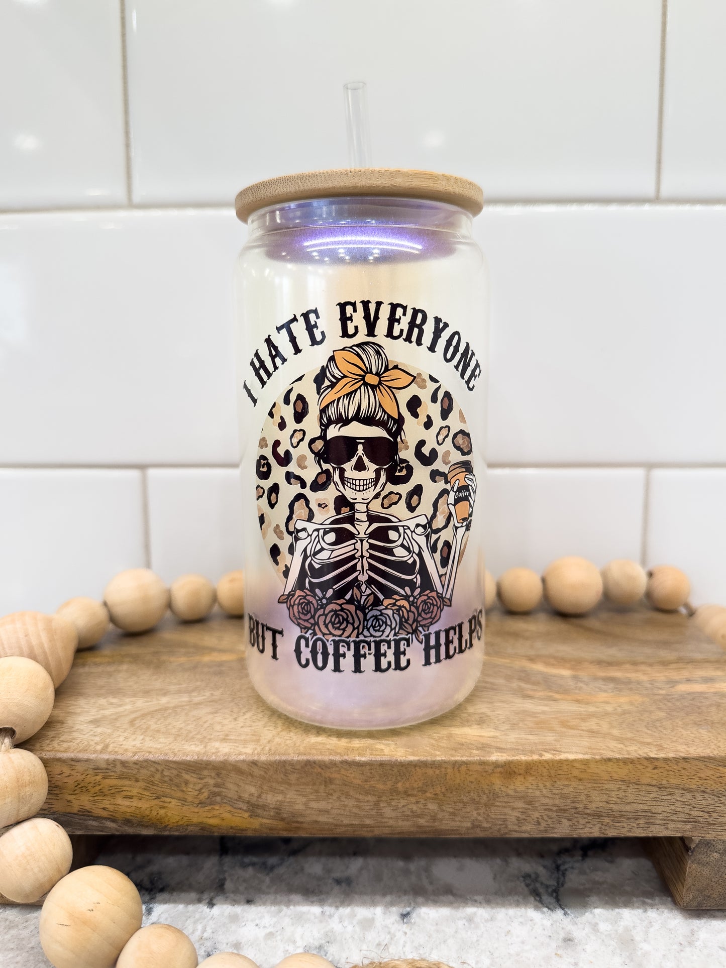 I Hate Everyone - Coffee Helps | 16 oz Can Glass with Bamboo Lid | Blue Iridescent | Glass Drinkware