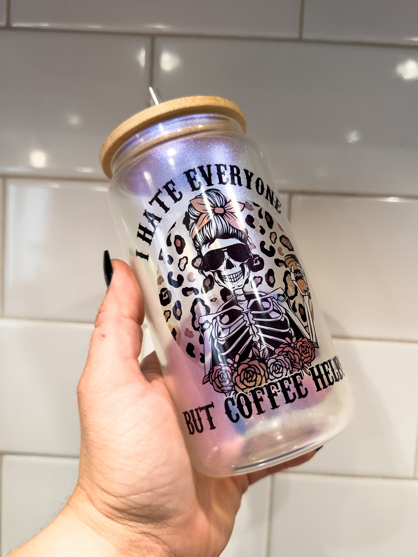 I Hate Everyone - Coffee Helps | 16 oz Can Glass with Bamboo Lid | Blue Iridescent | Glass Drinkware