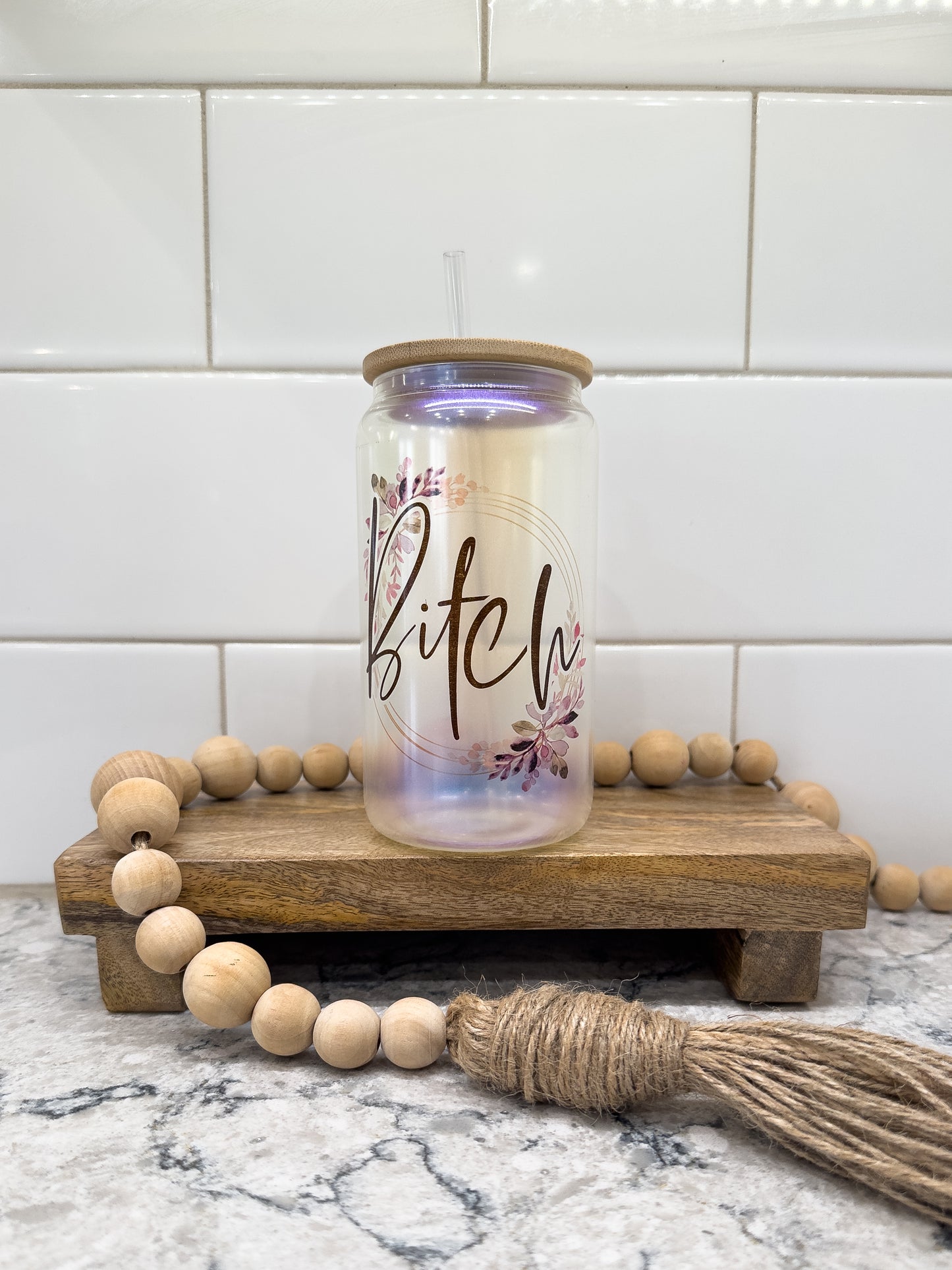 B!tch | Pretty Floral | 16 oz Can Glass with Bamboo Lid | Blue Iridescent | Glass Drinkware