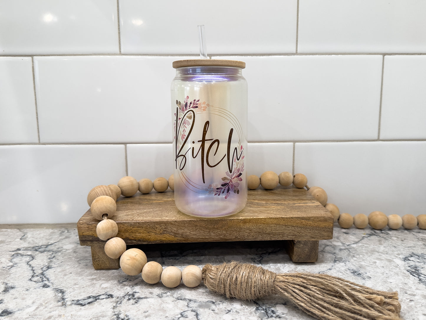 B!tch | Pretty Floral | 16 oz Can Glass with Bamboo Lid | Blue Iridescent | Glass Drinkware