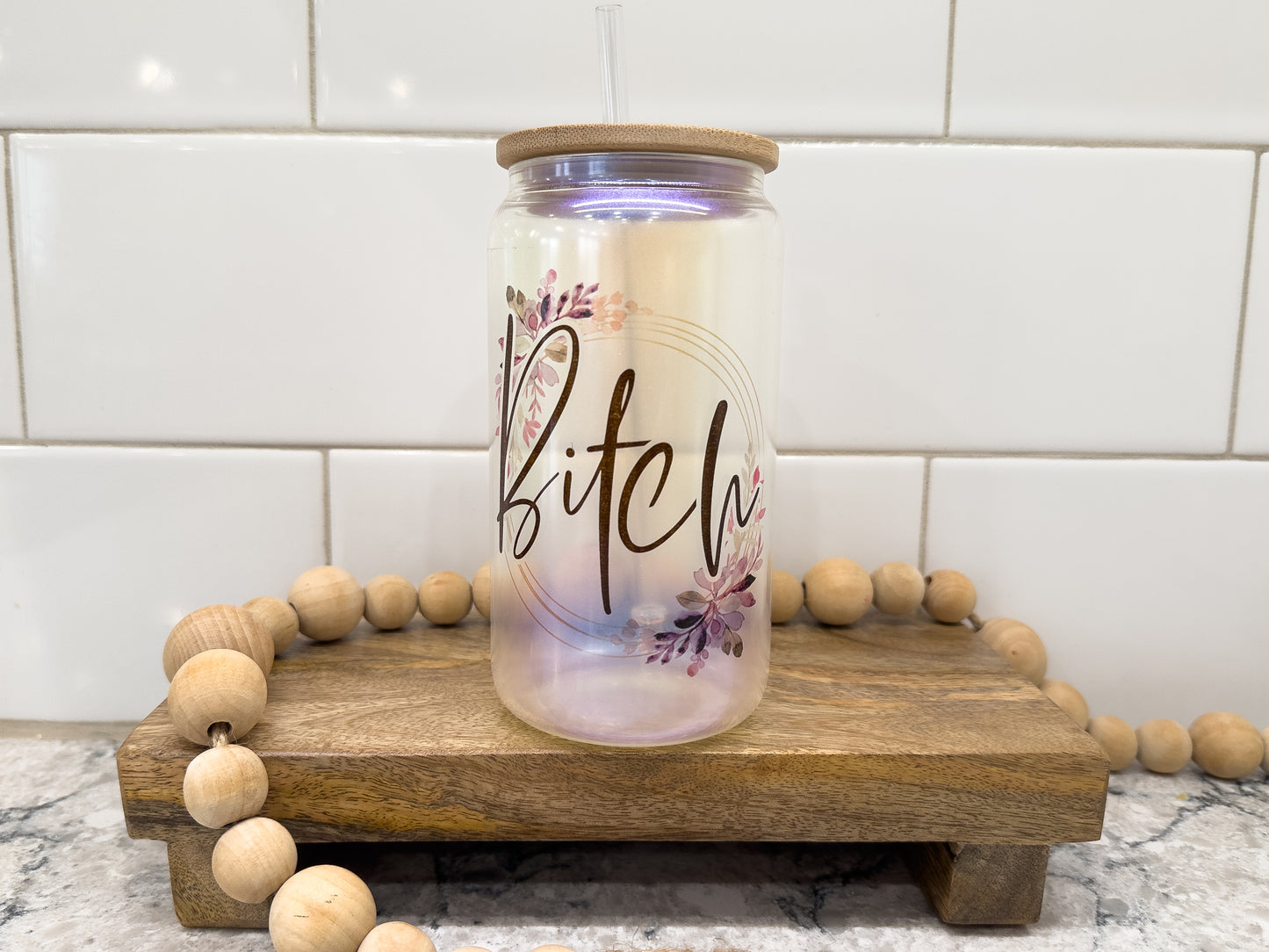 B!tch | Pretty Floral | 16 oz Can Glass with Bamboo Lid | Blue Iridescent | Glass Drinkware