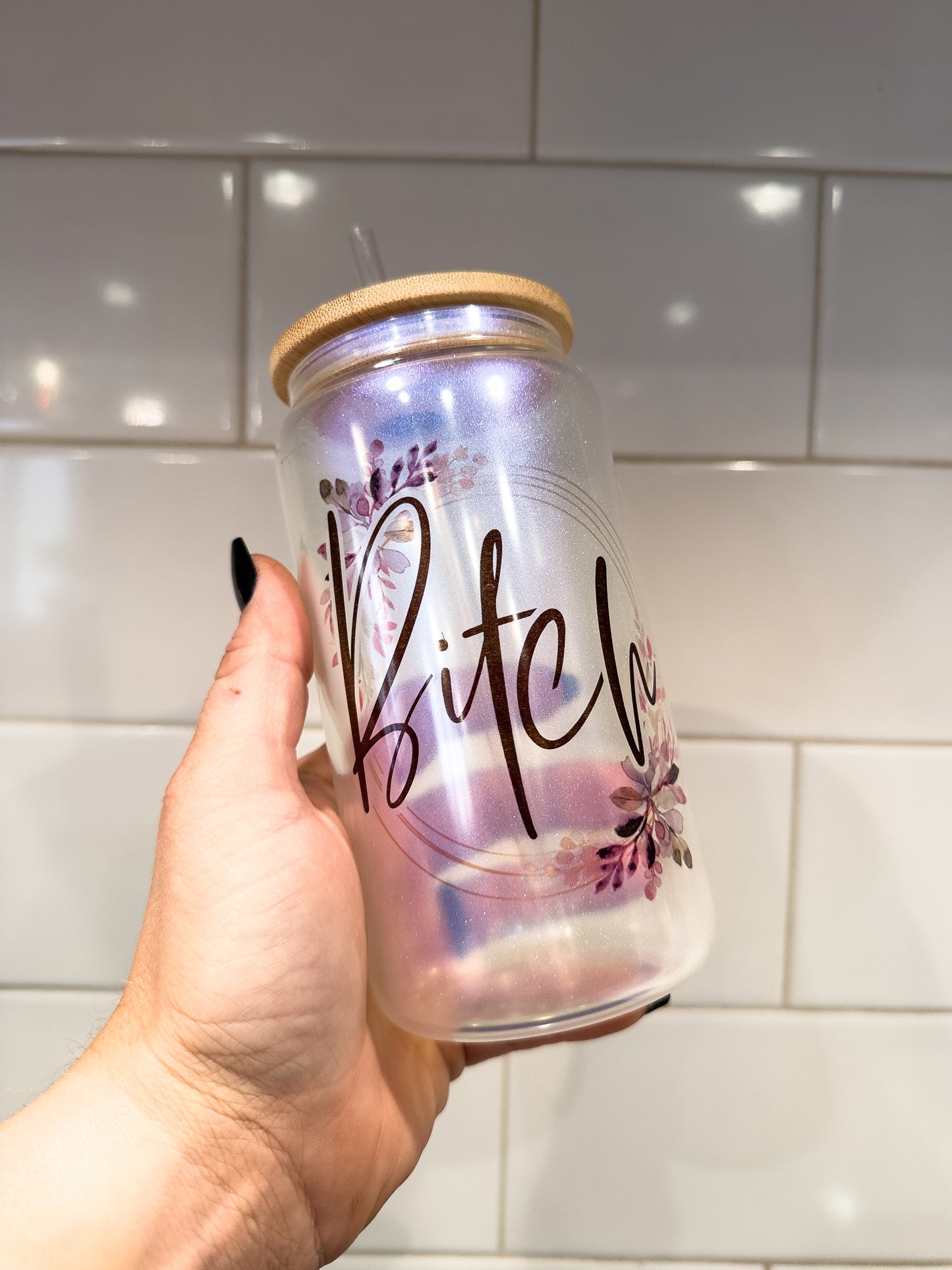 B!tch | Pretty Floral | 16 oz Can Glass with Bamboo Lid | Blue Iridescent | Glass Drinkware