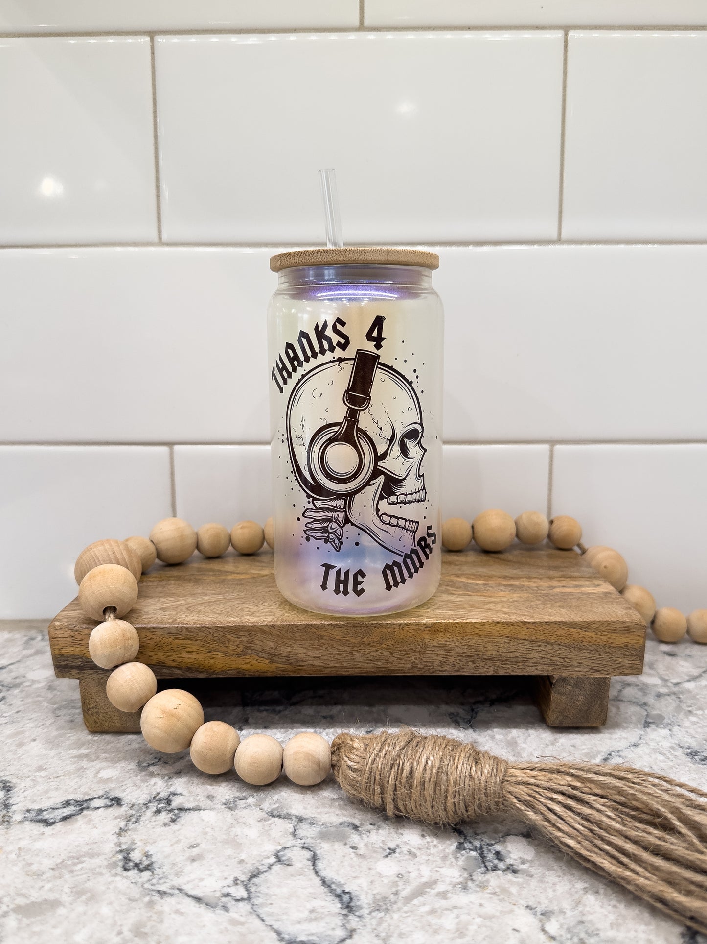 Thanks 4 the MMRS | Skull | 16 oz Can Glass with Bamboo Lid | Blue Iridescent | Glass Drinkware