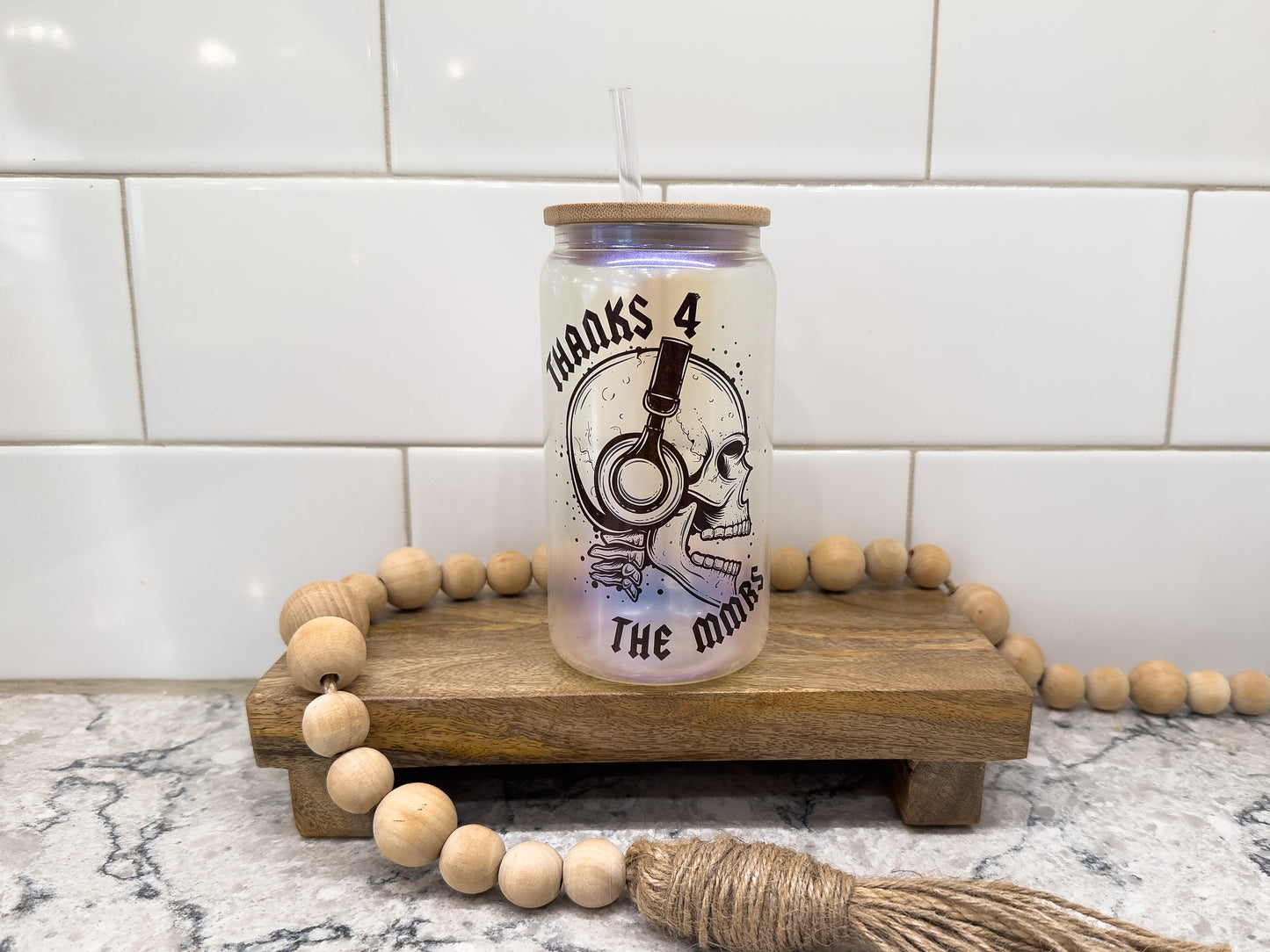 Thanks 4 the MMRS | Skull | 16 oz Can Glass with Bamboo Lid | Blue Iridescent | Glass Drinkware