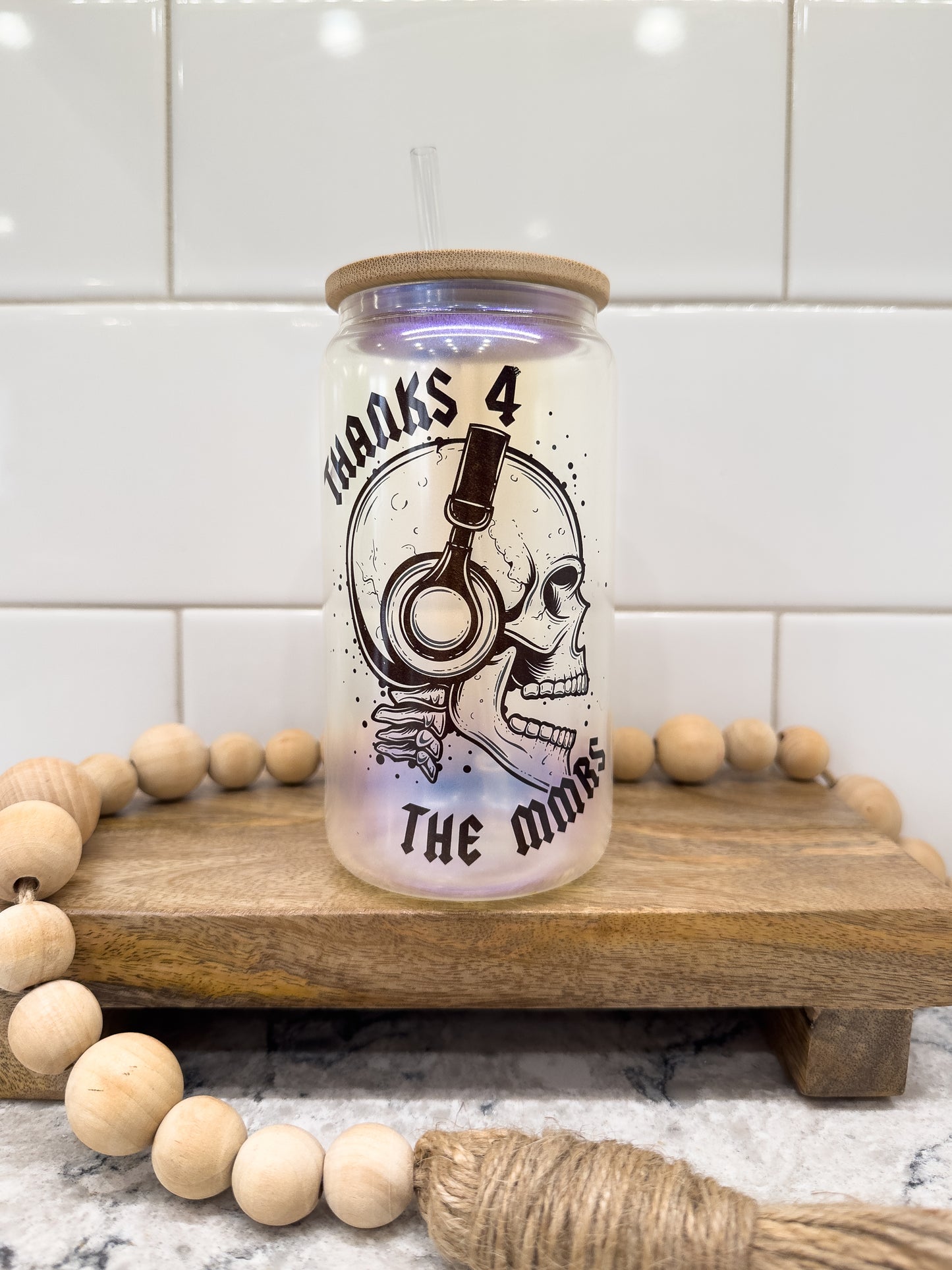 Thanks 4 the MMRS | Skull | 16 oz Can Glass with Bamboo Lid | Blue Iridescent | Glass Drinkware