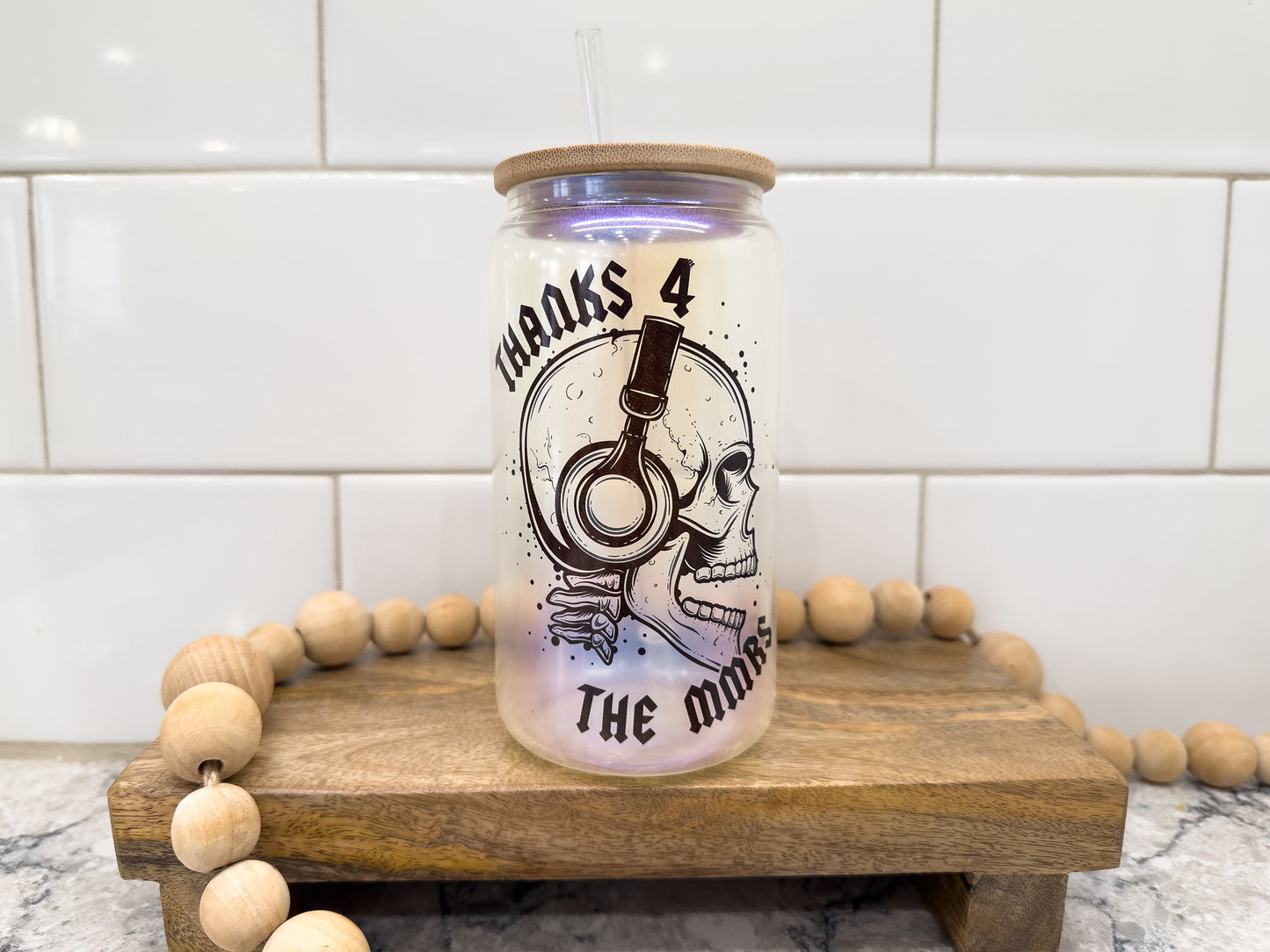 Thanks 4 the MMRS | Skull | 16 oz Can Glass with Bamboo Lid | Blue Iridescent | Glass Drinkware